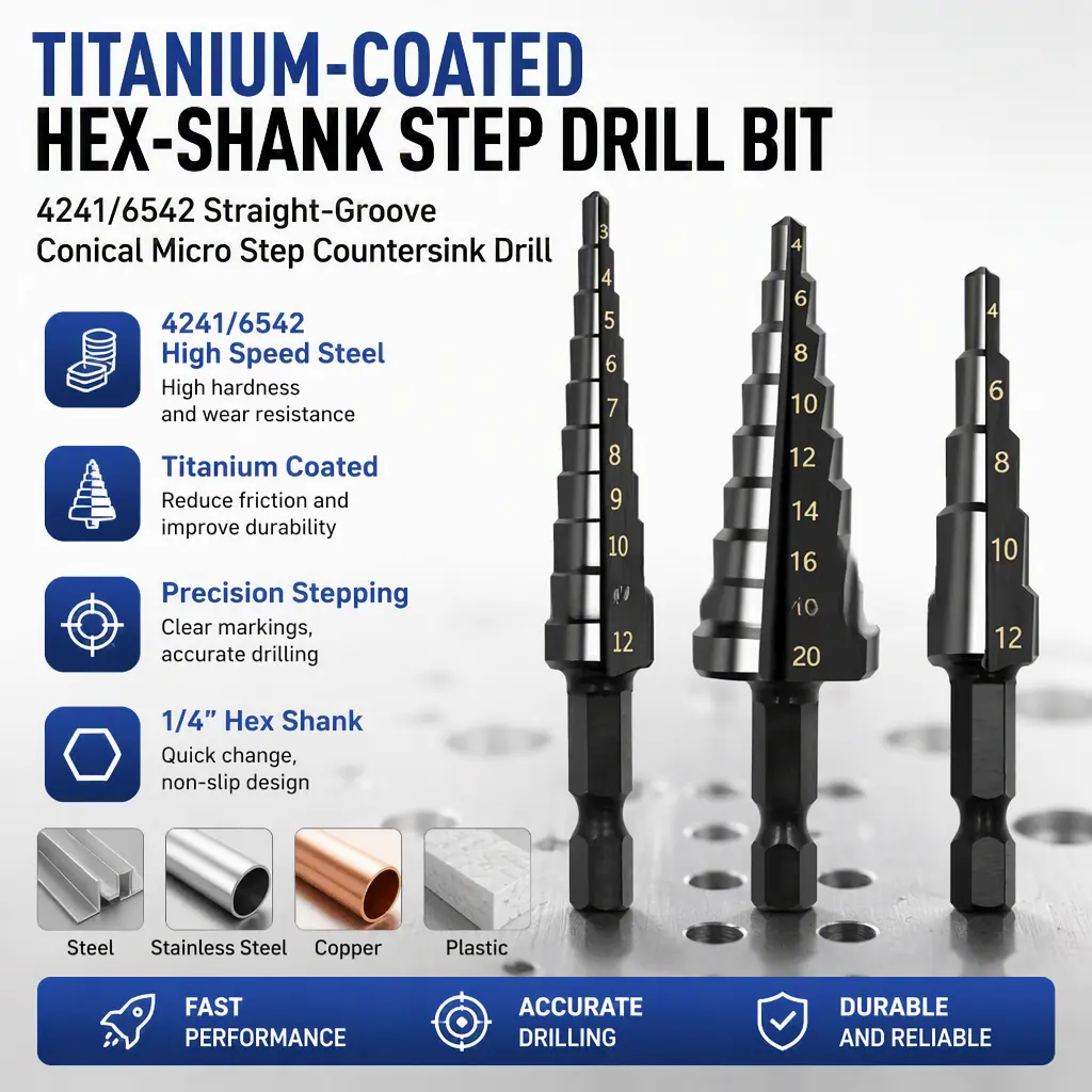 Hex‑Shank Step Countersink Drill Bit, Titanium‑Coated 4241‑6542 Straight‑Groove Conical Micro Drill