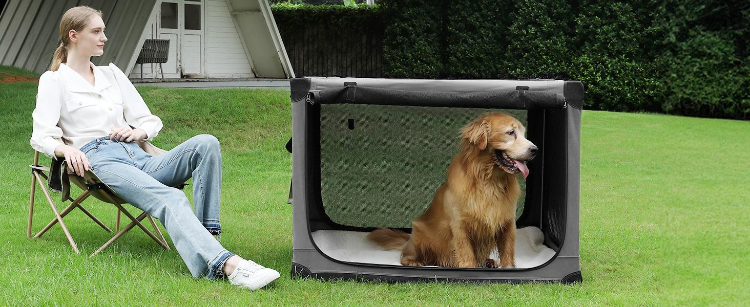 Collapsible Travel Dog Crate for Medium Large Dogs, Portable Oxford Cloth Dog Crate 4-Door Foldable Soft Kennel with Chew-Proof Mesh Windows for Indoor & Outdoor Travel,with Storage Bag,Grey