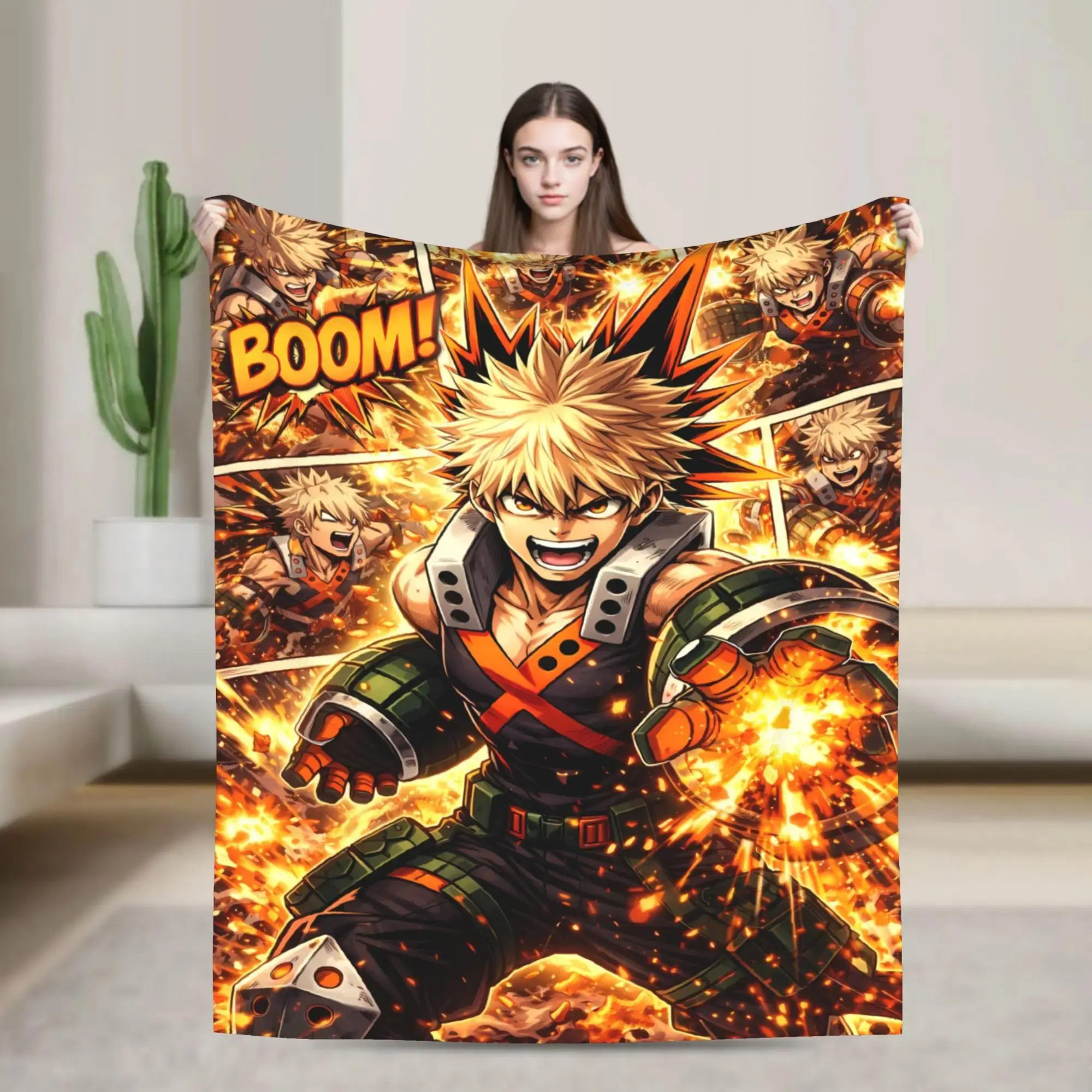 Classic My Hero Academia Bakugou Katsuki Explosion Anime Fanart Flannel Throw Blanket - Ultra-Soft, Lightweight, Breathable Fabric, Cozy Warm Textile for Anime Fans, Home Room Decor Gift, Flannel Texture