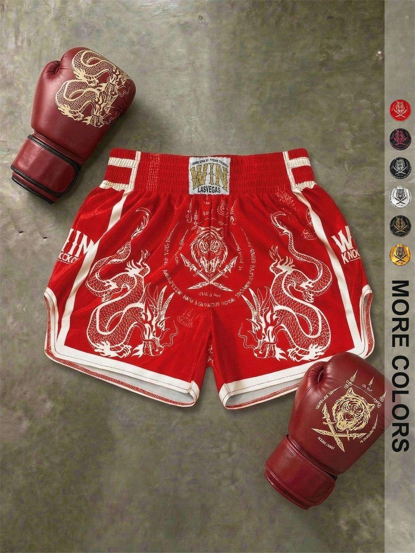 Men's Short Pants Set, Elastic Waist, High Stretch, High-Waisted, Super Short, Glossy Fabric, Dragon Tiger Print, Muay Thai Shorts