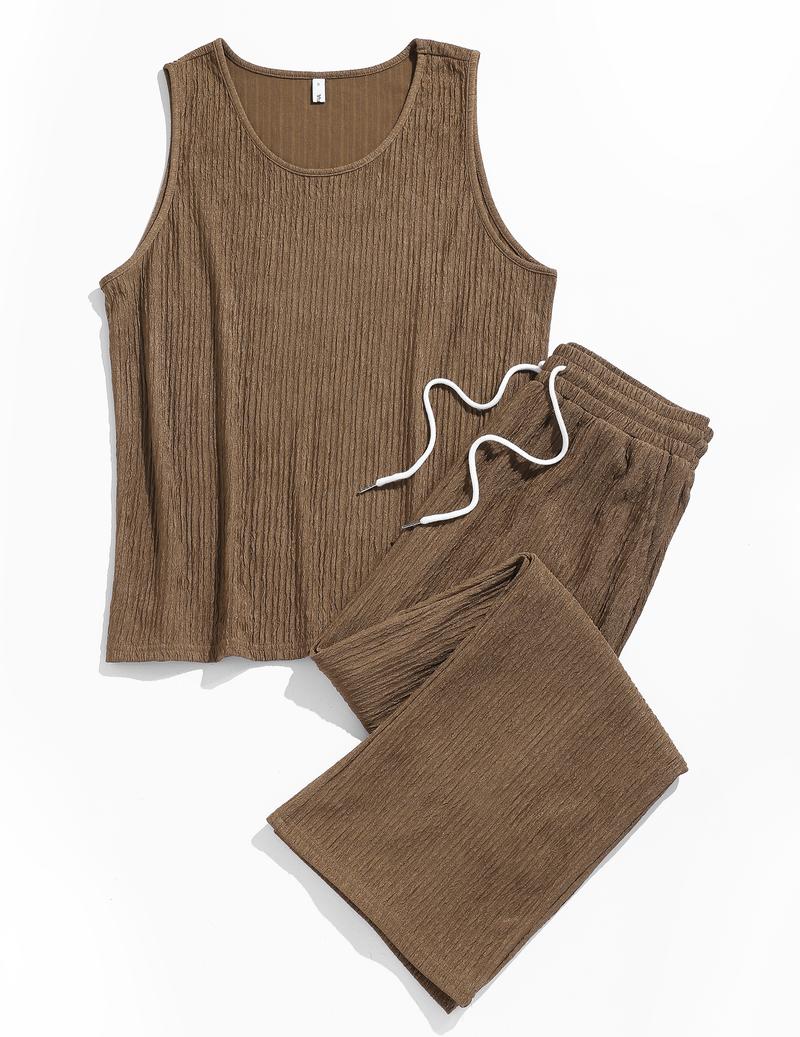 ZAFUL Men Solid Tank Top & Wide Leg Pants Men's 2 Piece Set Knitted Solid Sleeveless Scoop Neck Tank Top and Elastic Waist Wide Leg Pants