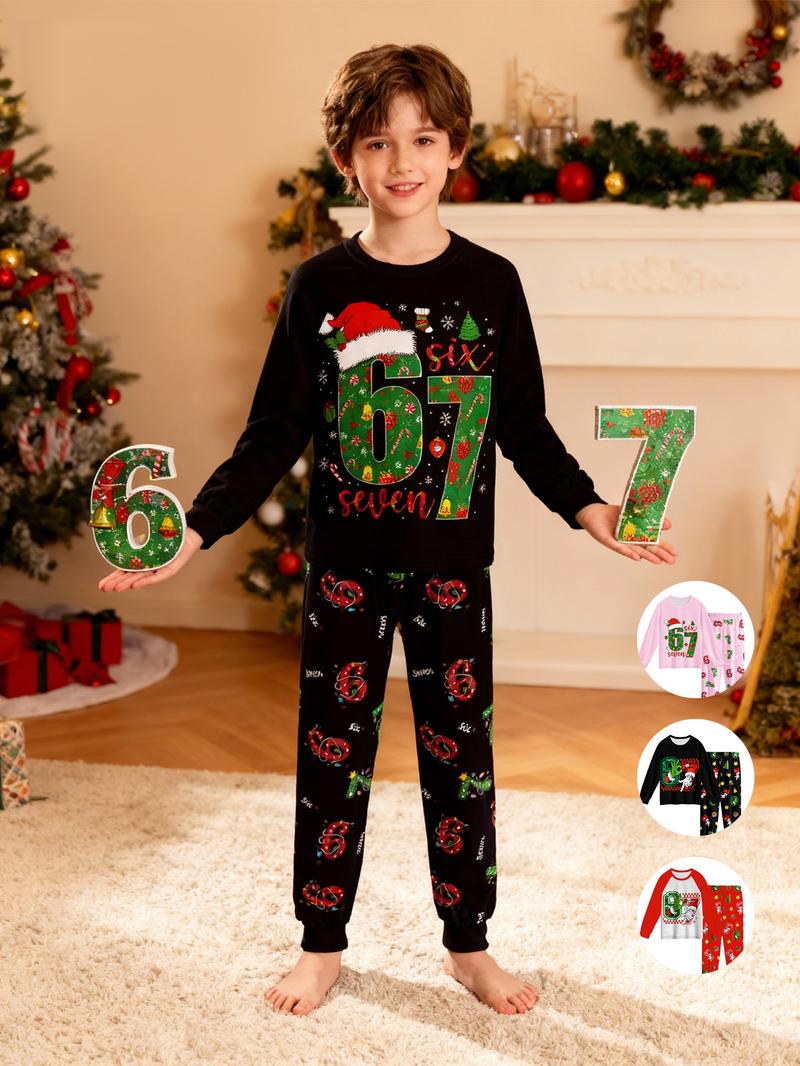 Kids' Christmas Santa Hat Print Pajama Set, Comfortable Soft Pajama Set For Holiday Gift Essential, Cartoon Print Pajama