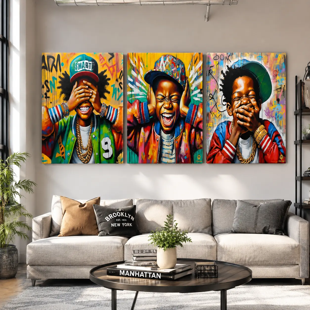 3-Piece Wood Frame Canvas Set, Graffiti Style Artistic Boy Art Poster, Vibrant Print, Modern Wall Art, Modern Home Decor, Waterproof, High Definition, Perfect Gift