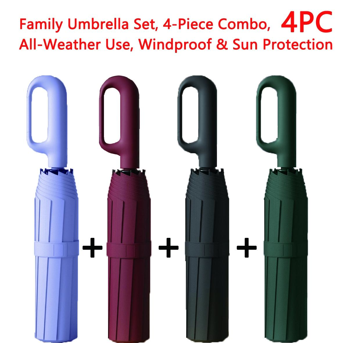 Creative Ring Handle 10k Dual Bone Rain Umbrella Set, Windproof Waterproof, Portable Design, Automatic Opening, Four-Piece Combination, Folding Umbrella, Rainproof Umbrella