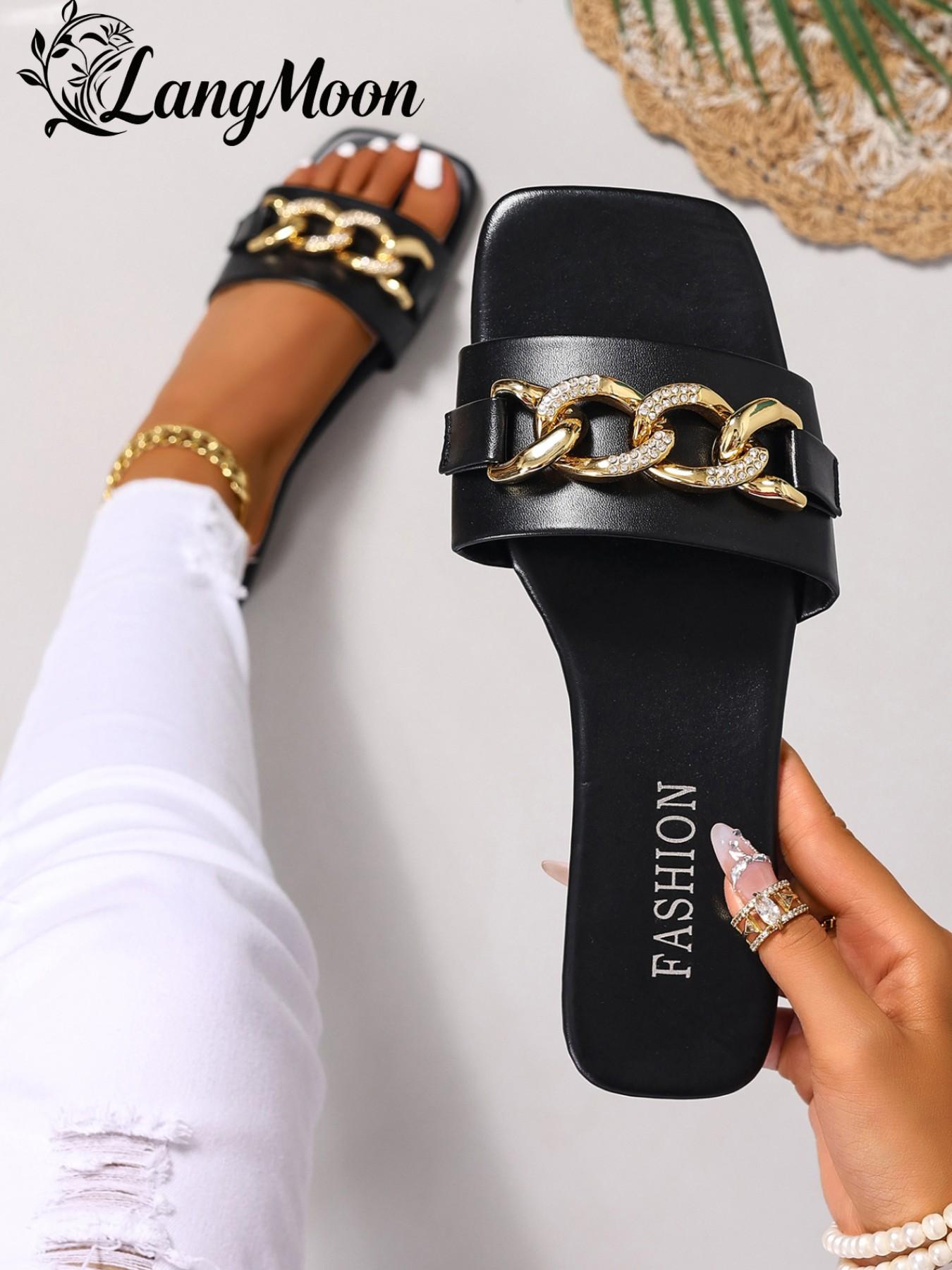 Women's Fashion Chain Decorated Slide Sandals, Open Toe Design, Elegant Fashionable Sandals, Comfy Sandals, Casual Comfortable Flat Sandals for Beach, Outdoor and Daily Wear