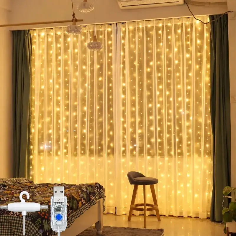 USB Curtain Lights, 9.8FT x 9.8FT Warm White Fairy String Lights, 8 Modes, Dimmable with Timer for Bedroom, Window, Wedding & Christmas Decor