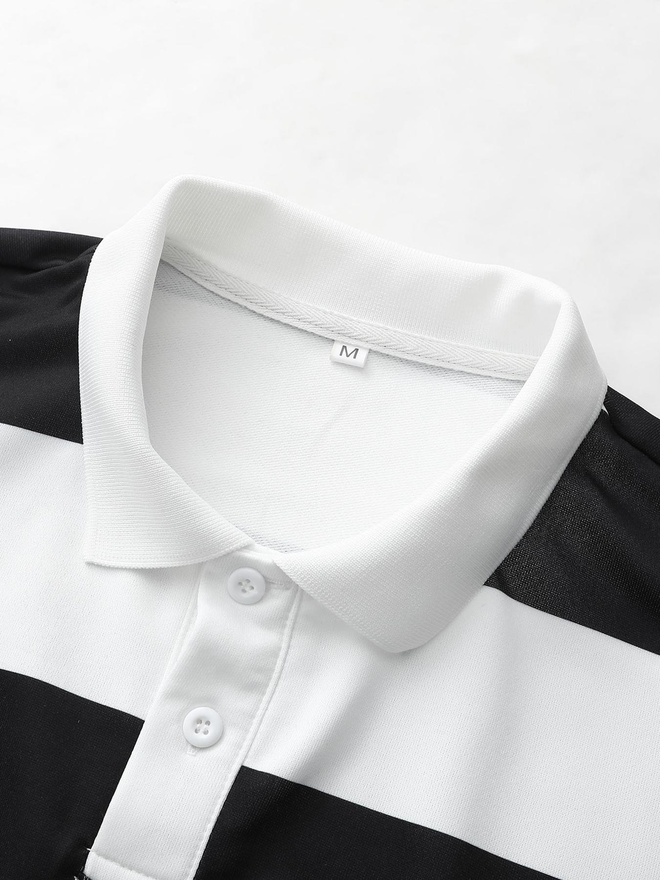 1 Piece Men's Long-Sleeve Polo Shirt, Streetwear Style with Black-White Stripe, Graphic Bee and Poetic Text Print for Casual Daily Wear and Outings