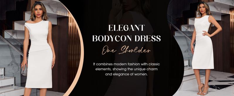 Wenrine Women‘s One Shoulder Midi Dress Elegant Bodycon Sleeveless Knit Ruched Slit Cocktail Party Formal Dresses