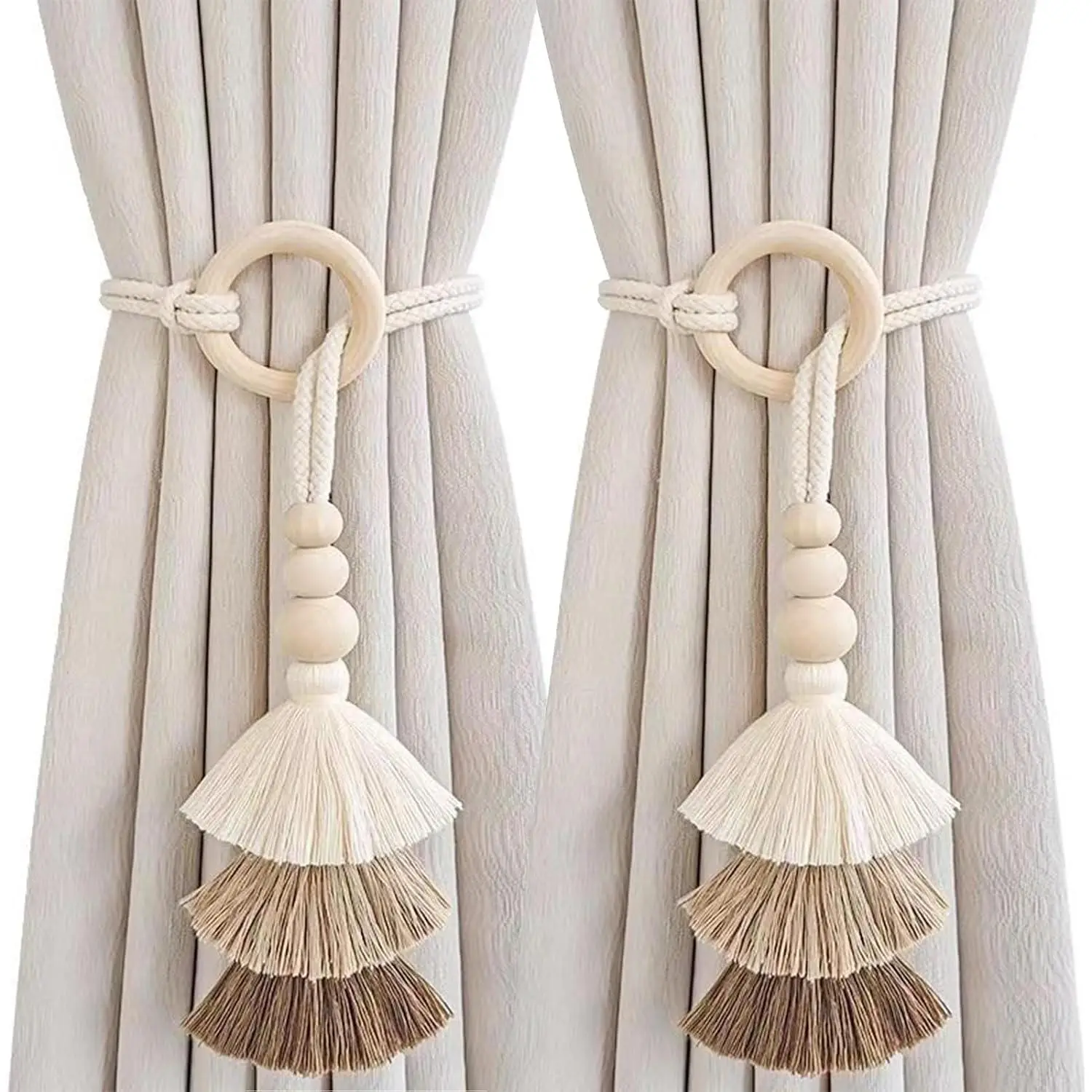 2 count Wooden Bead Curtain Tiebacks,Bohemian Curtain Clasp,Tassel Curtain Clasp, Curtain Tiebacks No Hole Punching Decorative for Bedroom Window  (Coffee)