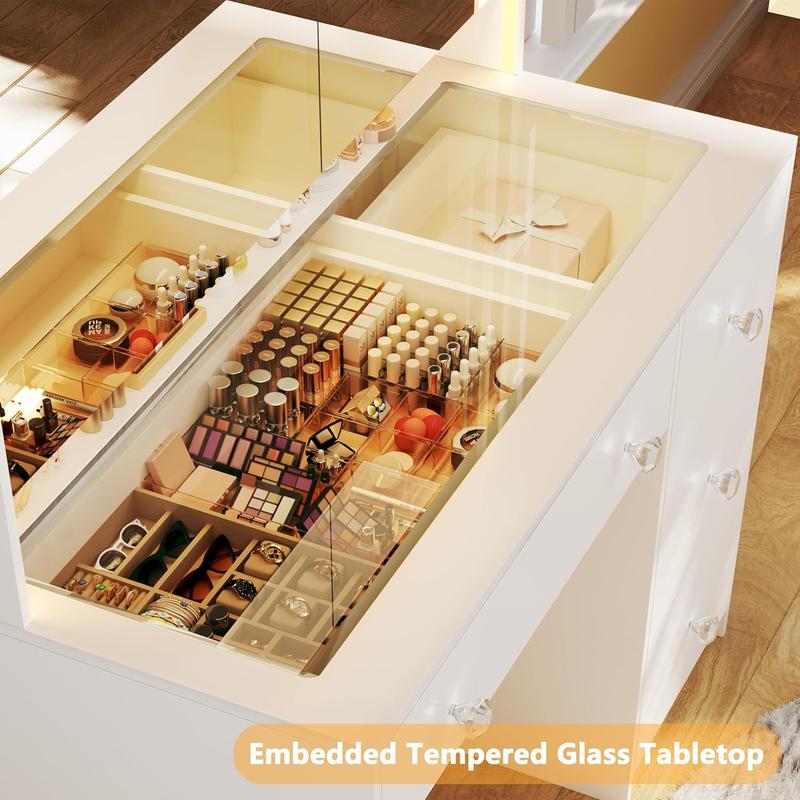 Vanity Desk with Mirror and Lights, Makeup Vanity with Glass Top & Power Outlet, White Vanity with 4 Drawers & 3 Long Hidden Storage Shelves, 3 LED Lighting Modes Adjustable for Bedroom