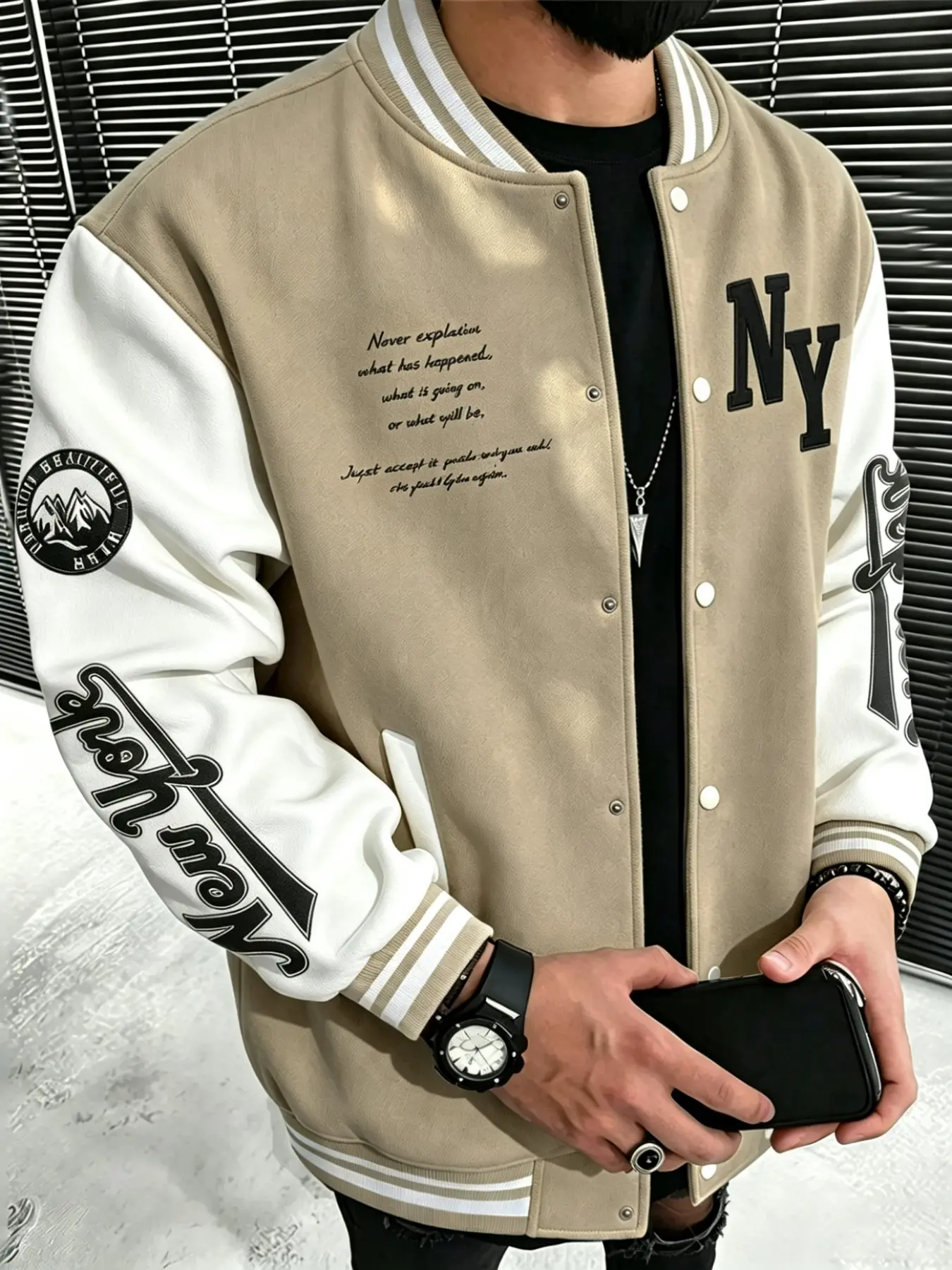 Men's Fleece Lined Varsity Jacket, Loose Fit NY Letter Print Color Block Baseball Bomber Coat, Warm Thick College Jacket, Fall Winter Streetwear Outerwear for Daily Commute, Hangout, School, Travel