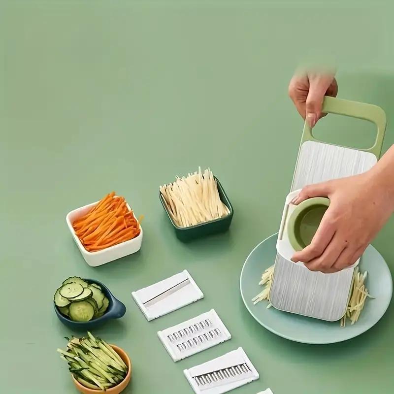 Multifunctional kitchen vegetable cutter. Its design meets the needs of shredding, slicing, grating, etc. It is made of healthy materials, with sharp cutting edges, and is easy to operate and clean.