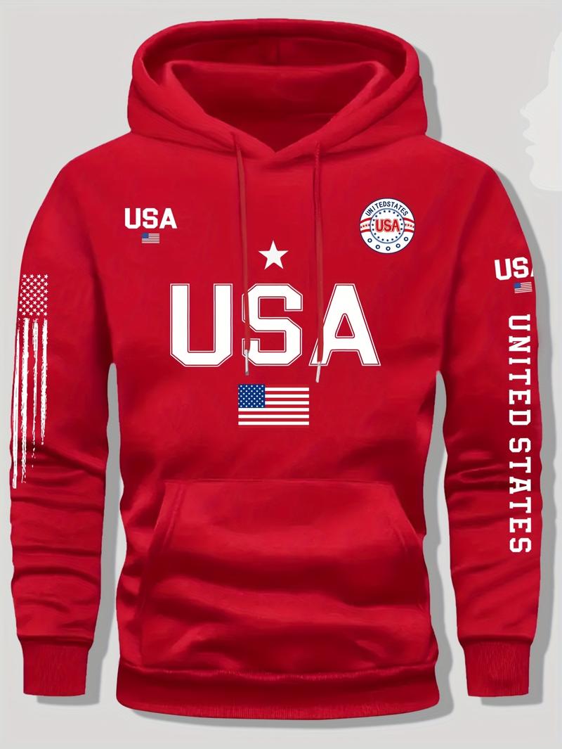 USA flag print hoodie men's fleece sweatshirt, United States letter print unisex casual knit fabric pullover for students and couples fashion hoodie for autumn and winter, 2025 spring pullover hooded sports hoodie
