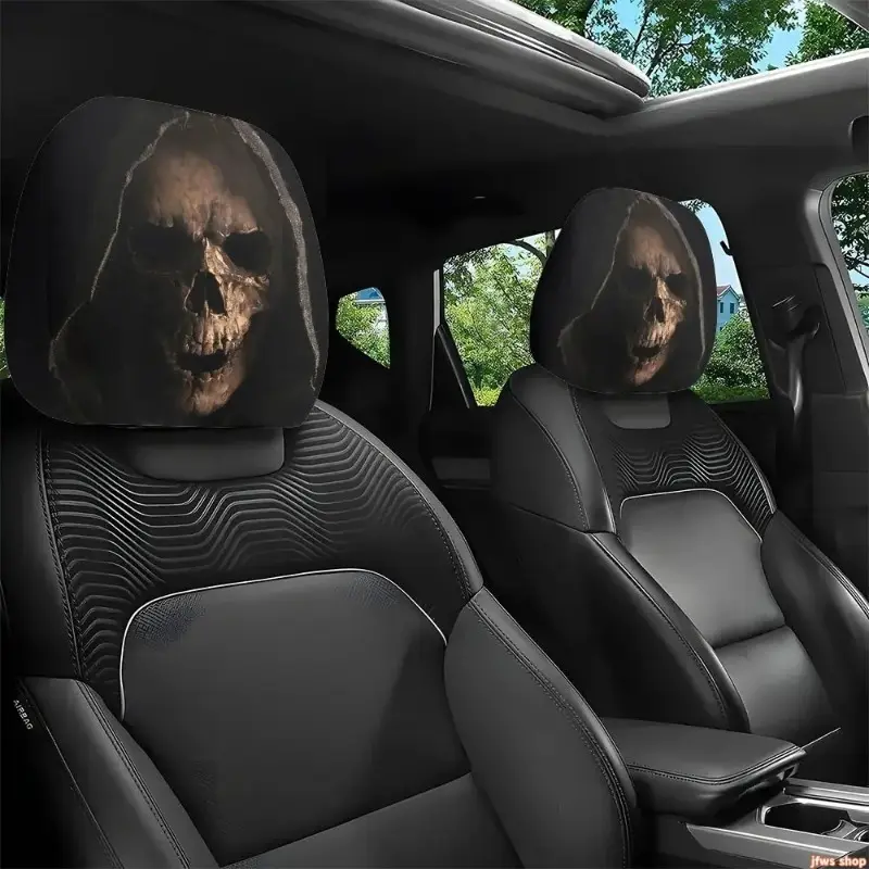 2Pcs Dark Skull Print Car Headrest Covers - Universal Fit, Double-Sided 2D Pattern Automotive Headrest Protectors