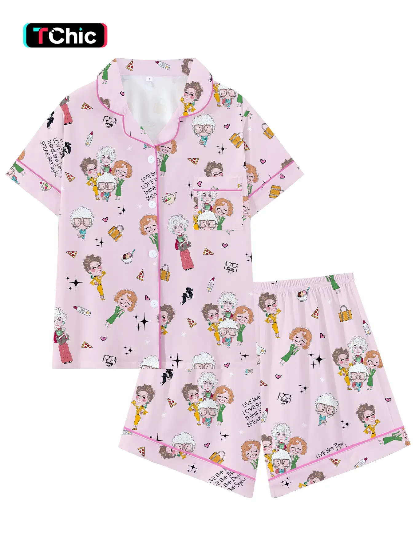 Teen Golden Girl movie Short Sleeve Cartoon Print Pajama Set, Cartoon Pattern Pajamas, Comfortable Sleepwear Pajamas Loungewear for All Seasons, Cute Loose-Fitting Nightwear Gift