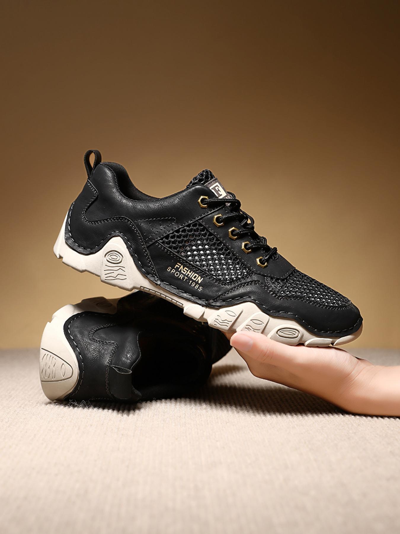 Men's Solid Color Mesh Patchwork Casual Sneakers, Hand-Stitched Thick-Soled Non-Slip Hiking Shoes, Trendy Versatile Breathable Dad Shoes