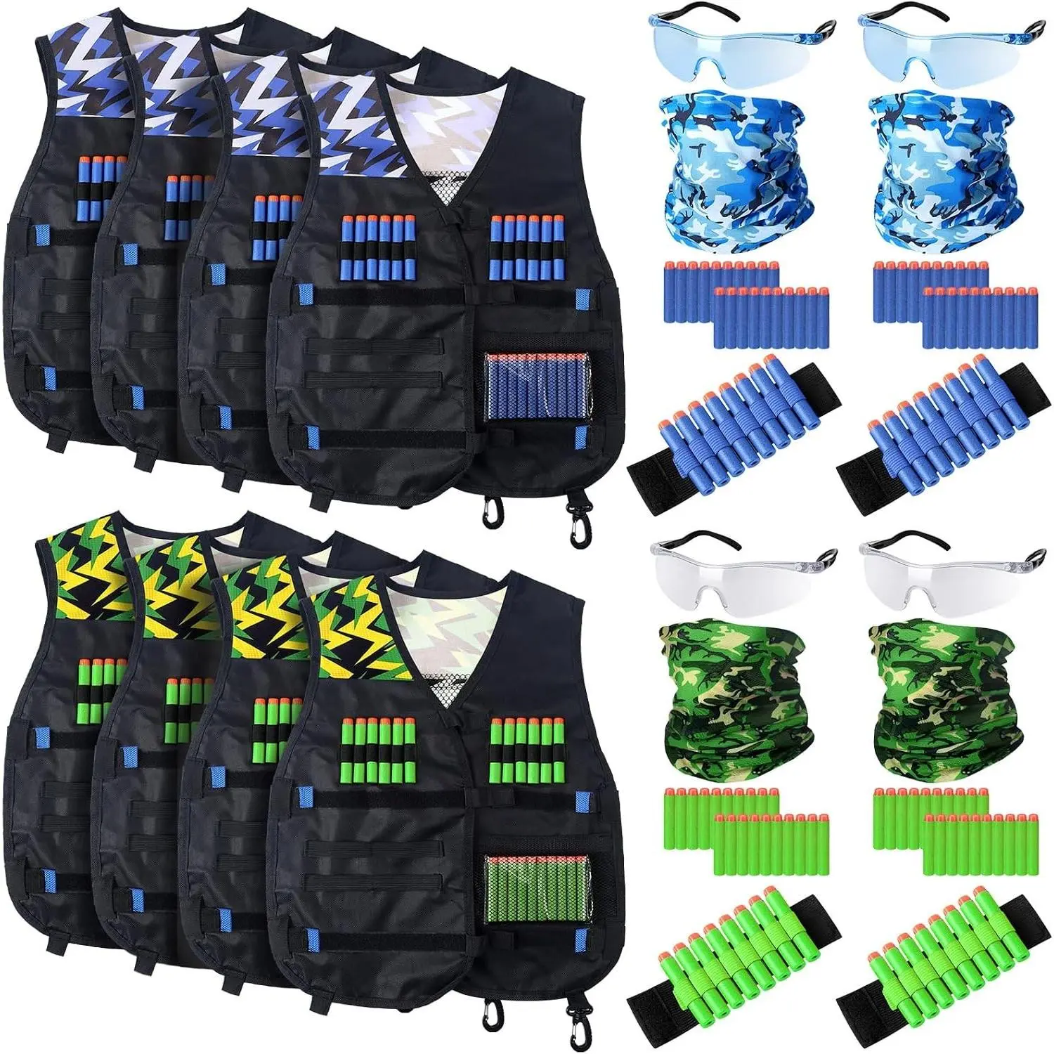 8 Sets Kids Tactical Vest Compatible with Nerf Party Favor Accessories, Face Mask Wrist Ammo Holder Toy Gift Supplies Boys (Green and Blue)