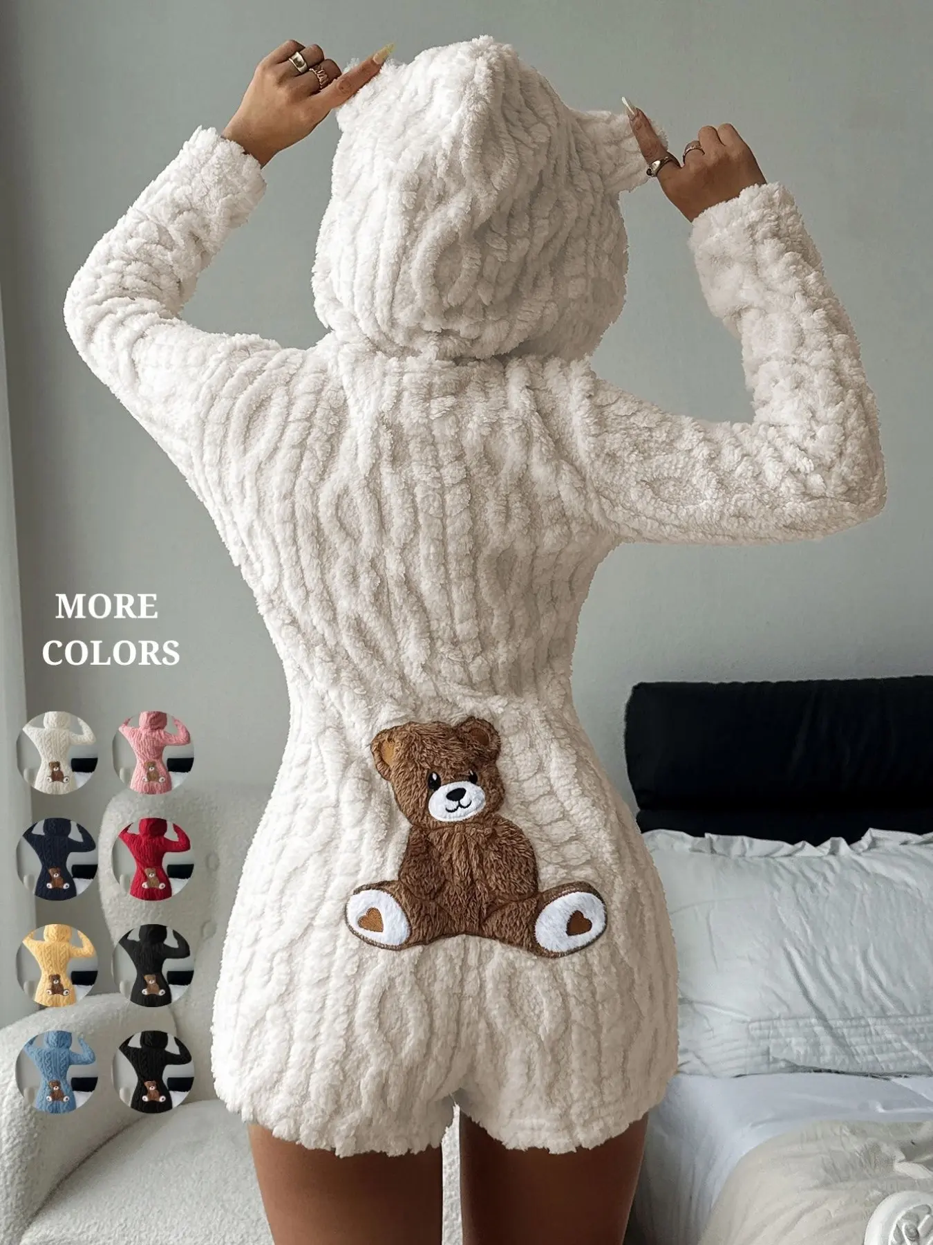Women's Cute Teddy Bear Embroidered Hooded Fleece Sweatshirt, Comfortable Casual Fashion Design, Perfect Gift for Her, Daily Wear