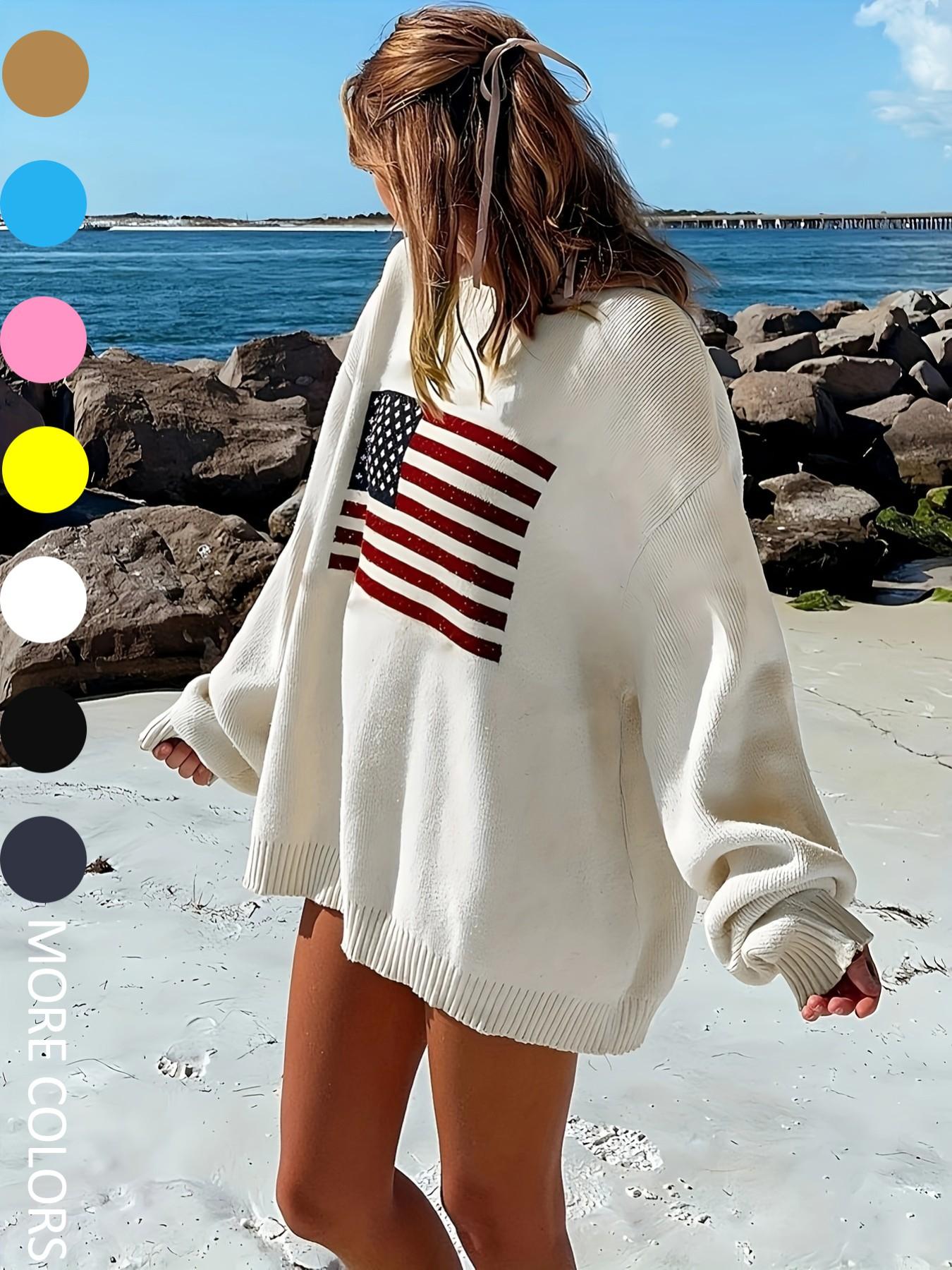 Women's Striped Print Drop Shoulder Oversized Crewneck Sweater, Street Casual Long Sleeve Round Neck Jumper for Spring & Fall, Women's Knitwear for Everyday Wear, Womenswear
