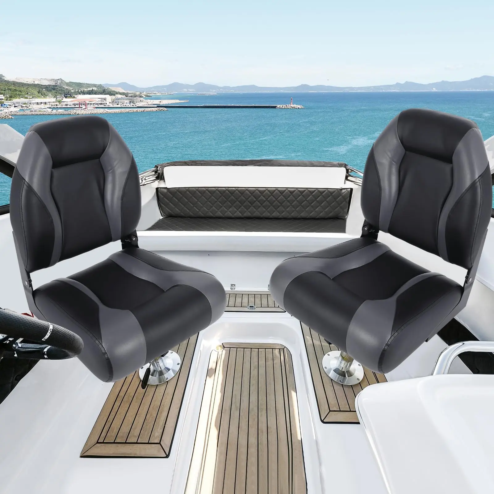 2 Pack Folding High Back Boat Seats - Thickened Sponge Padding and Molded Plastic Frame, Weather-Resistant Captain Chairs for Fishing, Cruises, Sightseeing, Speedboat