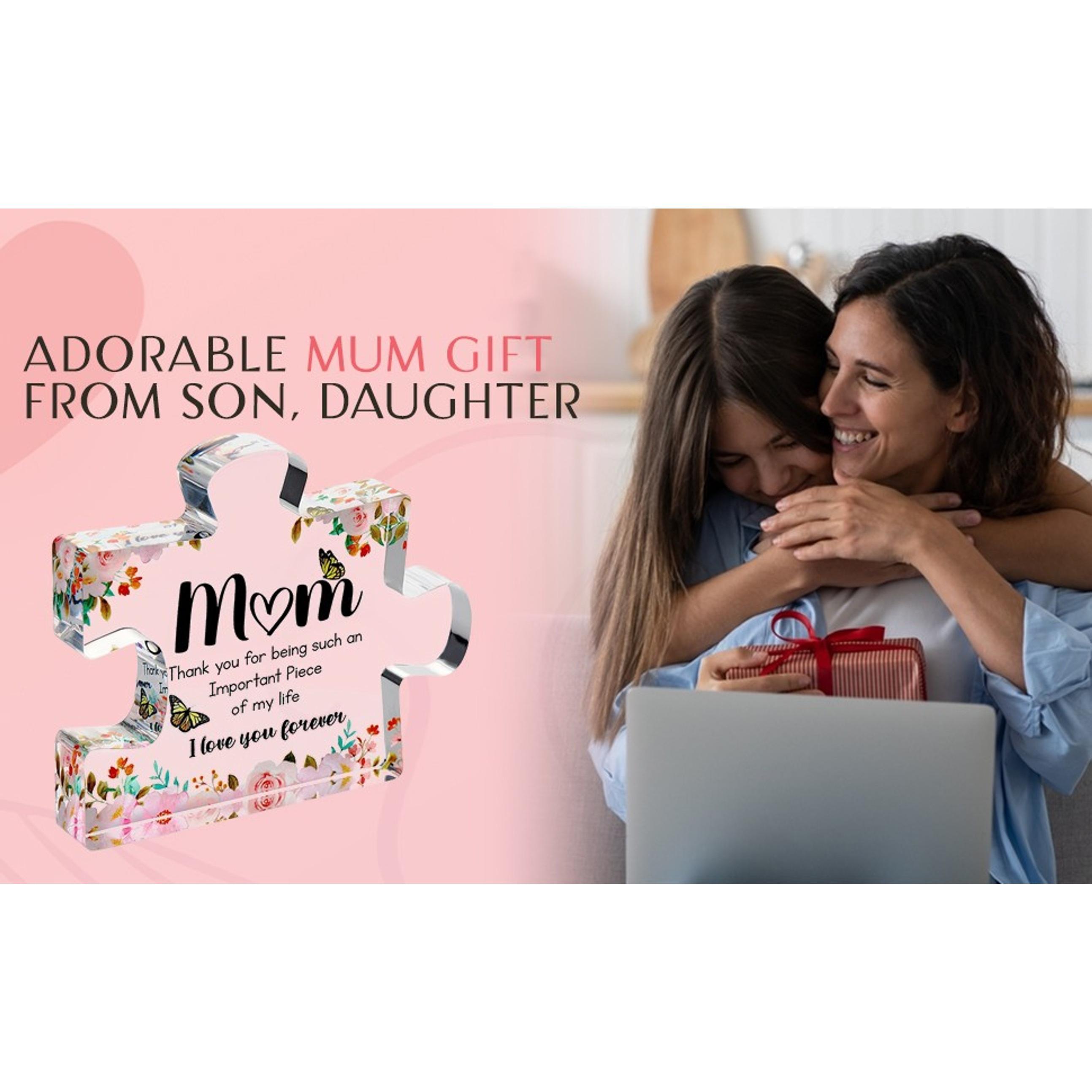 Cute Premium Thick Acrylic Puzzle Piece Gift for Mom - Adorable Mother's Day, Christmas & Birthday Present - Engraved Keepsake from Son or Daughter - Freestanding 3D Decorative Home Display