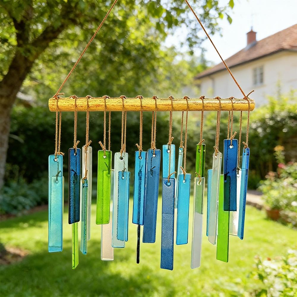 Spring Colorful Glass Handmade Wind Chime, Rectangular Frosted Glass, Outdoor Garden Yard HDecor, Boho Style Home Decoration