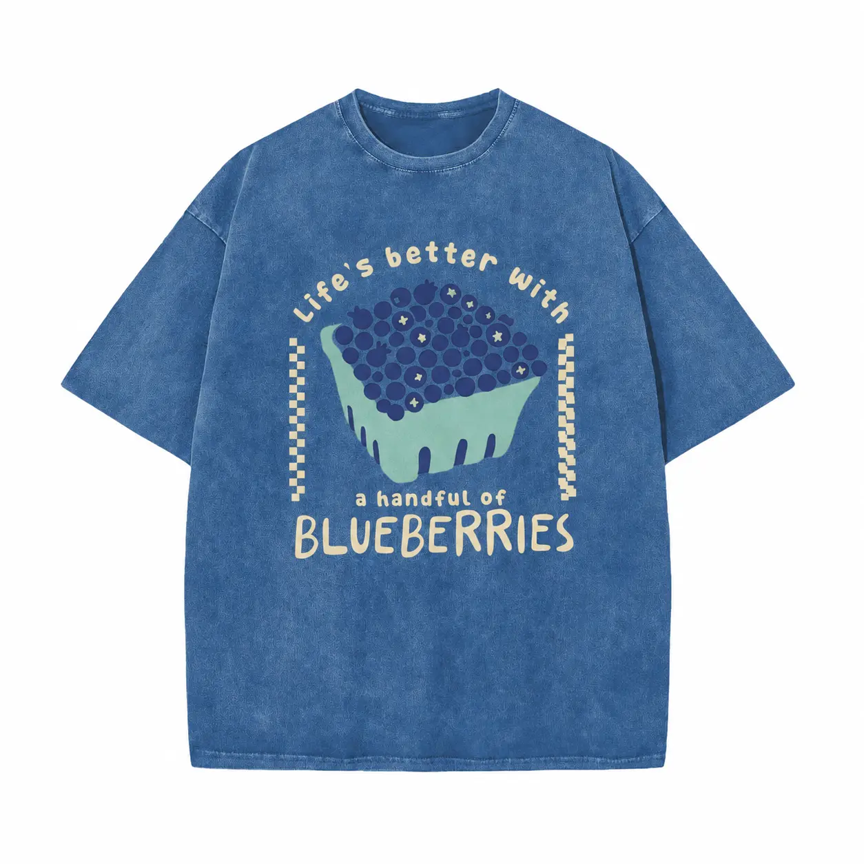 Holafish Women's Vintage Acid Washed "Blueberry" Print Short Sleeve Sports Top - Drop Shoulder, Crew Neck, Relaxed Fit, Multi-Size Casual Wear for Summer