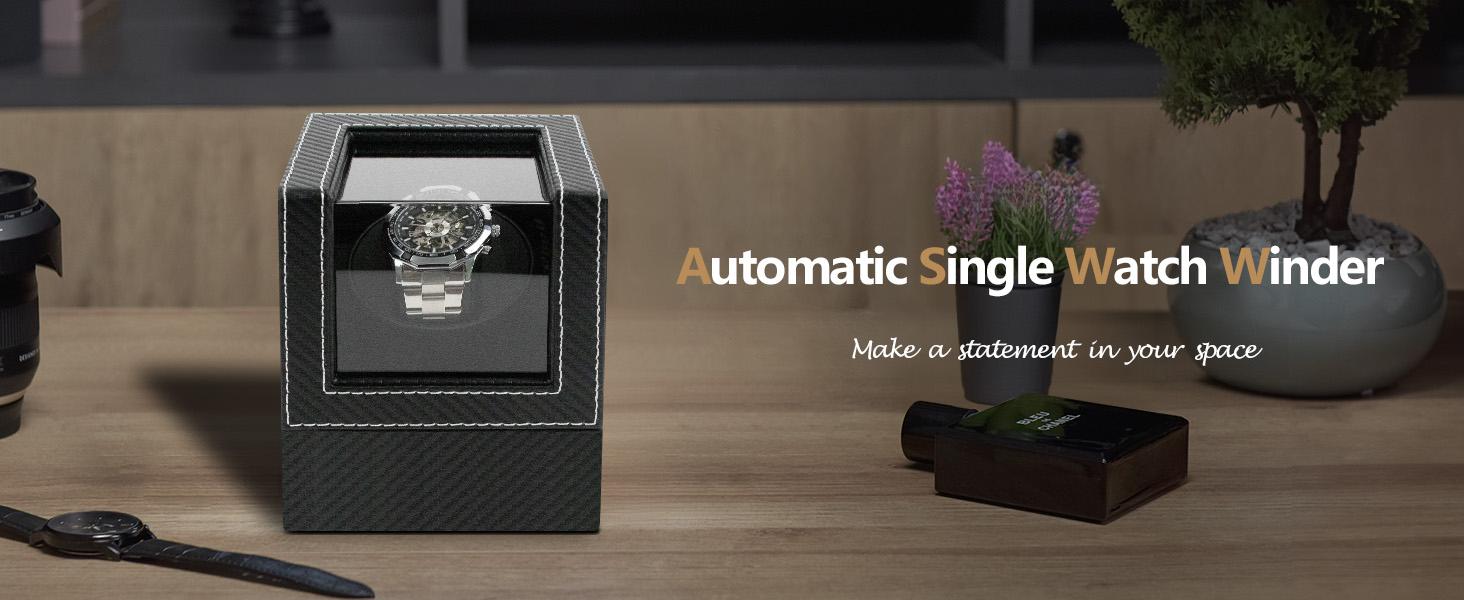 Watch Winder for Automatic Watches: Automatic Single Watch Winder Box with Japanese Quiet Motor, Rotating Watch Case in Black Carbon Fiber Leather, Gifts for Men & Collectors