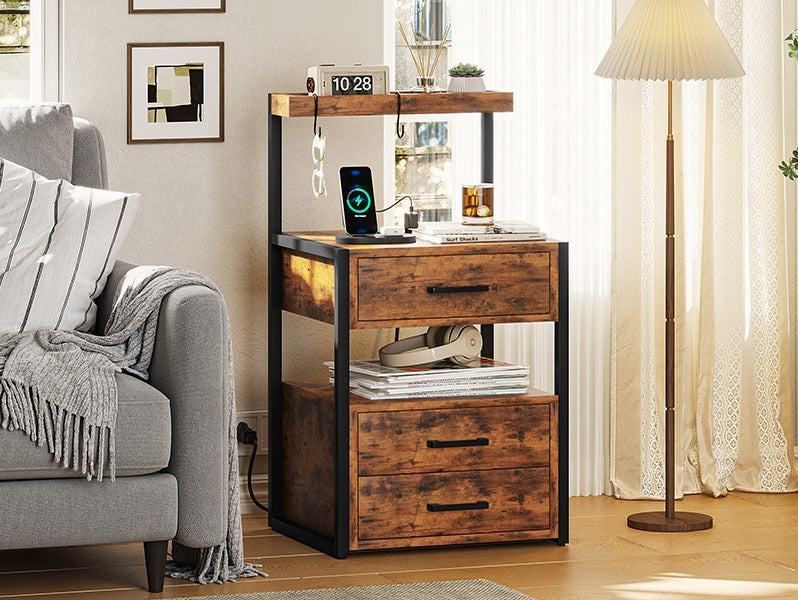 Sikaic LED Nightstand With Charging Station 2 USB Ports And 2 AC Outlets And 3 Drawers Open Storage