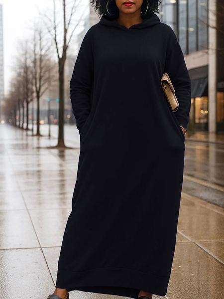 Women's Hooded Loose Long Dress, Spring & Fall Casual Street Style, Long Sleeve Relaxed Fit, Ladies Fashion Clothing
