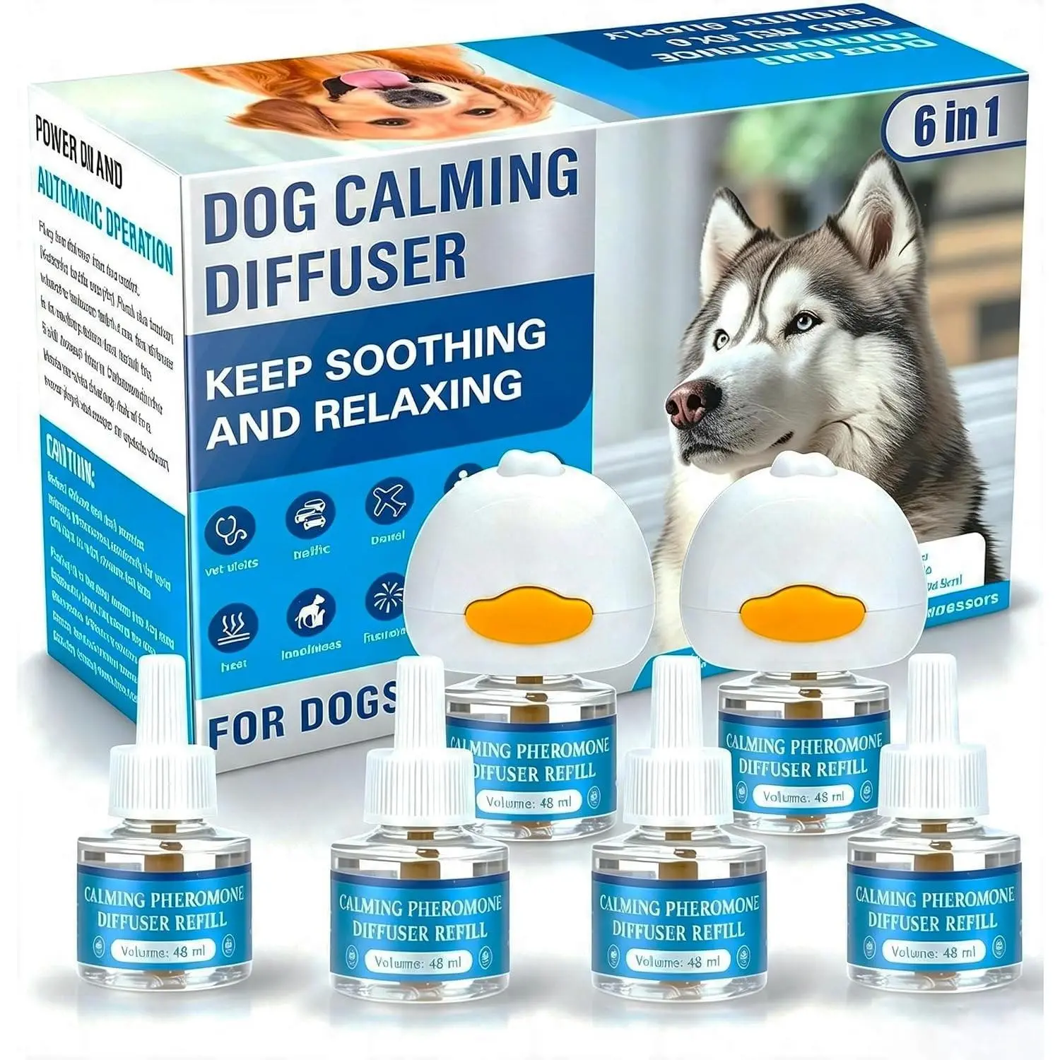 Dog Calming Pheromones Diffuser 6 in 1 Kit with 2 Plug-Ins & 4 Refills - Anxiety Relief, Reduces Barking, Aggression & Stress, 120-Day Supply