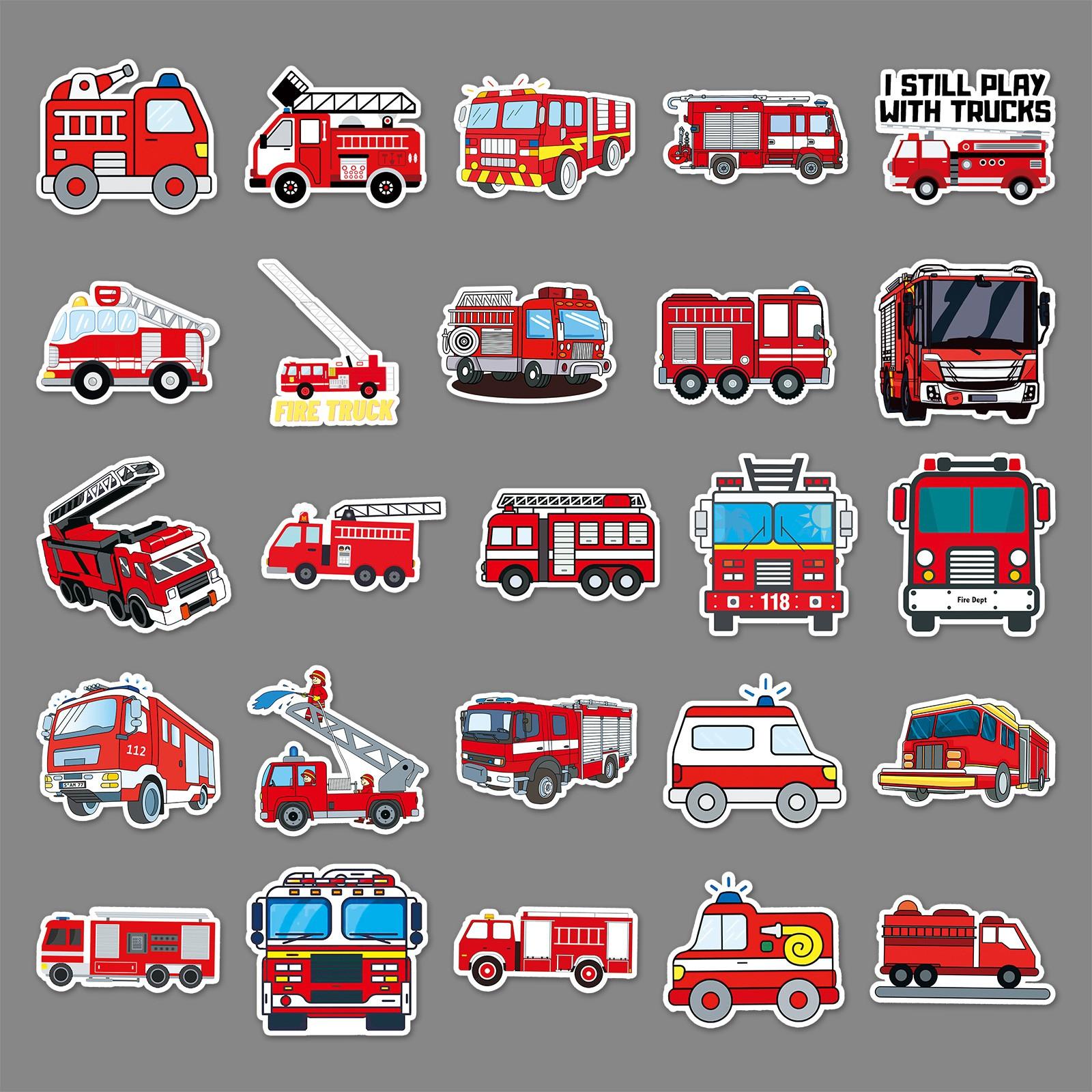 50 Fire Truck Graffiti Stickers, Cross-Border Cartoon Early Education Stickers, DIY Skateboard Luggage Stickers, Waterproof