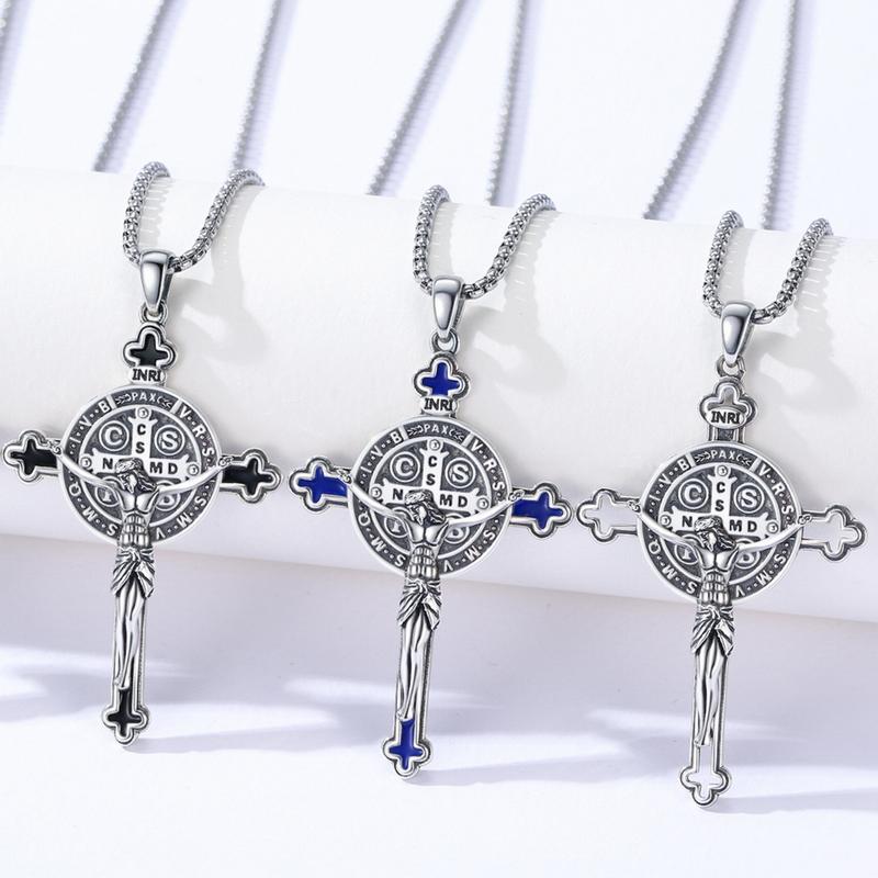 DRINSPER Saint Benedict Cross Necklace 925 Sterling Silver San Benito Pendant Necklace, Pardon Crucifix Necklace, Religious Jewelry for Men Women TikTokShopBlackFriday