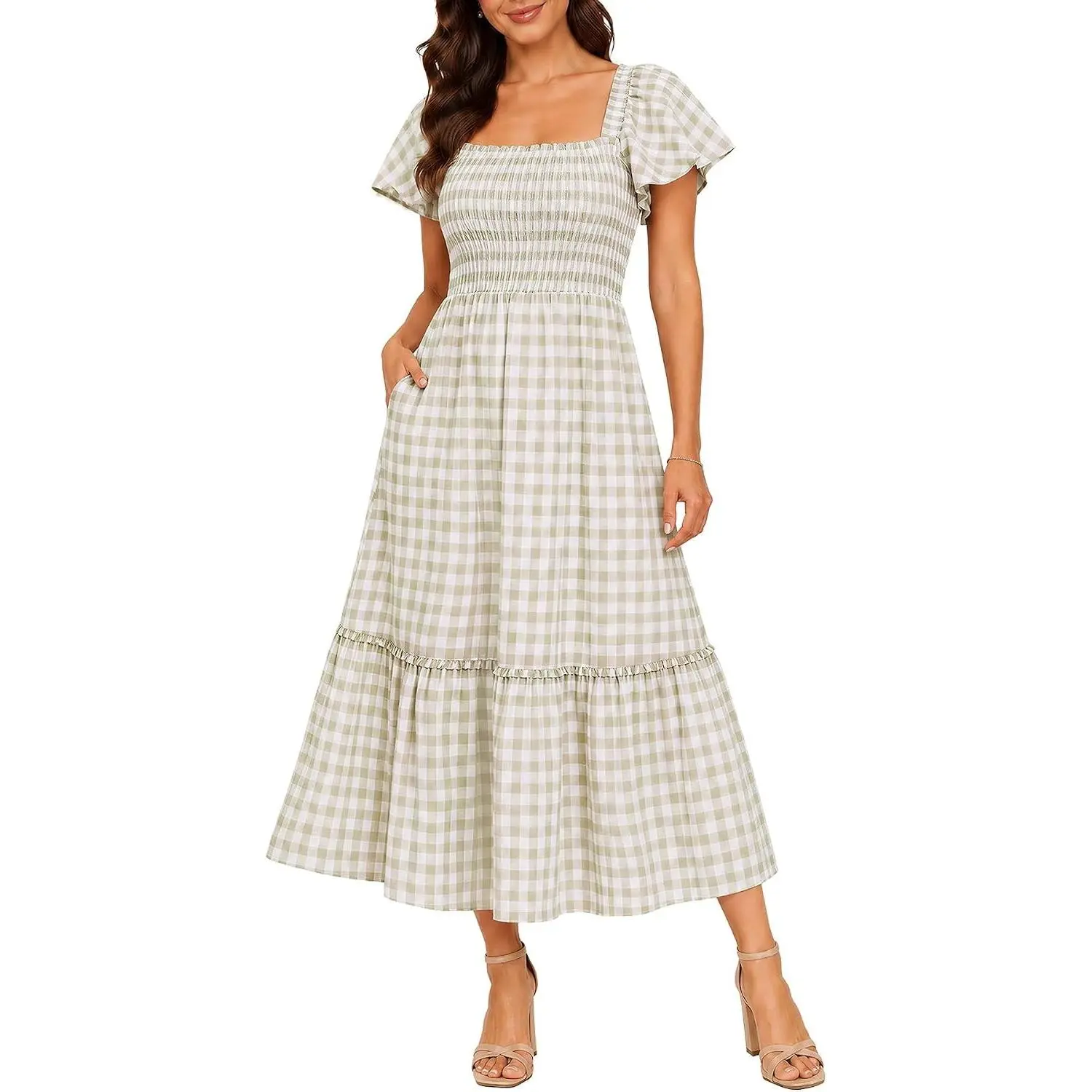 Plaid Gingham Smocked Flutter Sleeve Casual Summer Midi Dress | Cotton, square neck, tiered ruffle skirt, side pockets, soft, breathable, maternity, baby shower, vacation, holiday wear