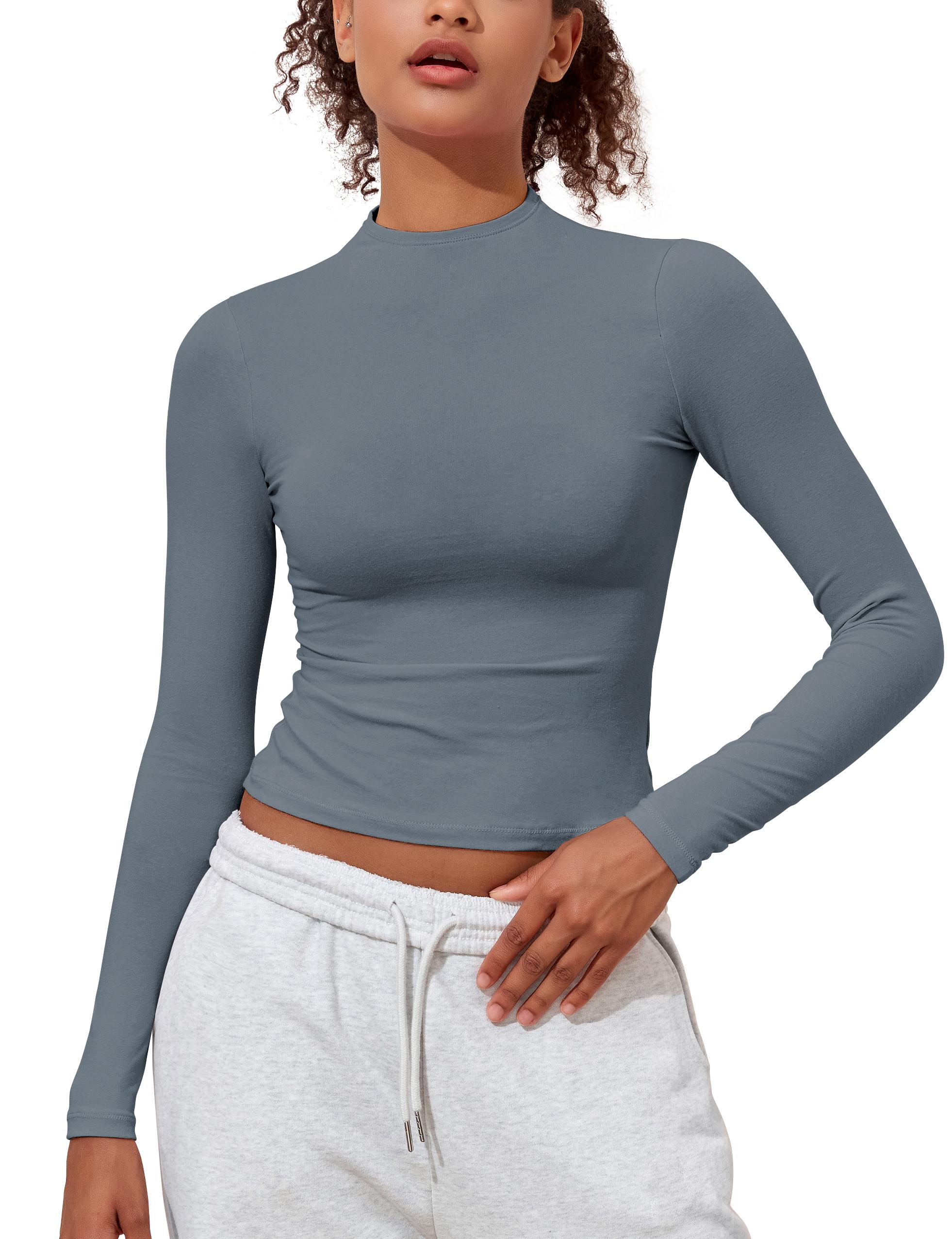 Hilor Women's Long Sleeve T Shirts Basic Cotton Mock Neck Tops Tight Fitted Going Out Crop Tops Y2K Tees Shirts