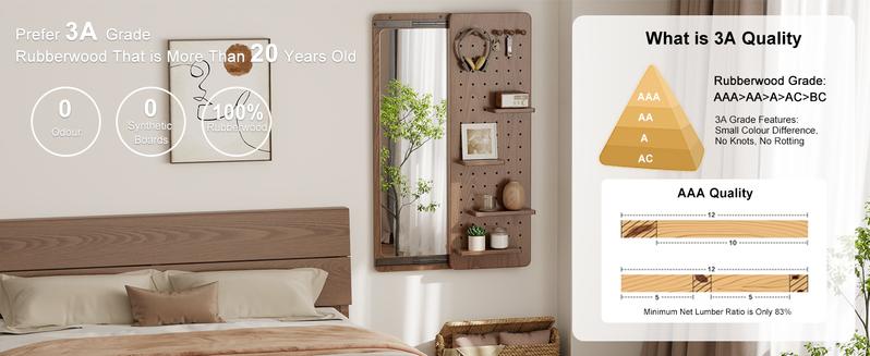 【School】Pegboard Mirror, 100% Solid Wood - No MDF, Mirror with Shelf & Hooks, Rustic Wall-Mounted Mirror with Multifunctional Panel for Bedroom, Living Room, Entryway