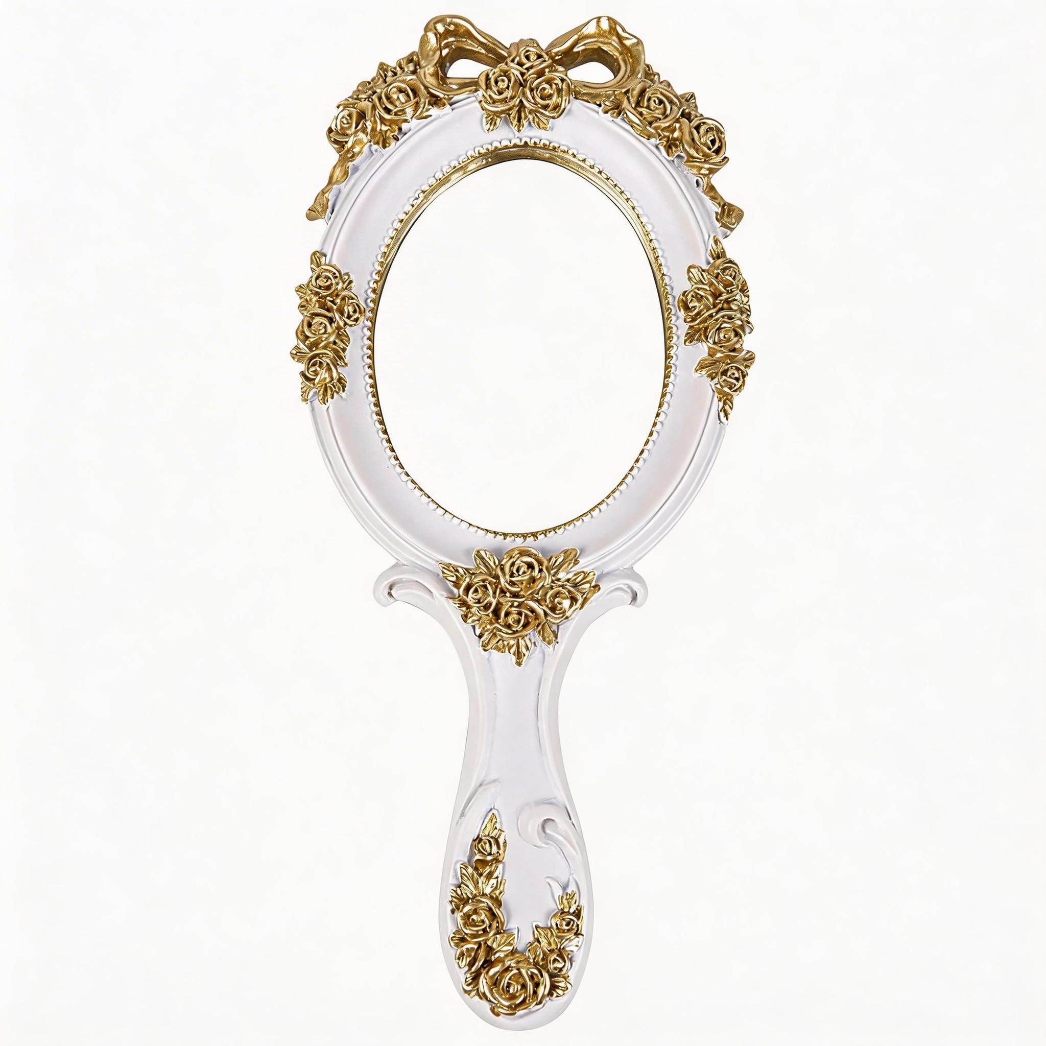 Portable Handheld Makeup Mirror, Travel Princess Style Metal Beauty Mirror, Oval Rose Embossed, Desktop Decor, Vintage Handle, Photo Props, 3-Piece Set