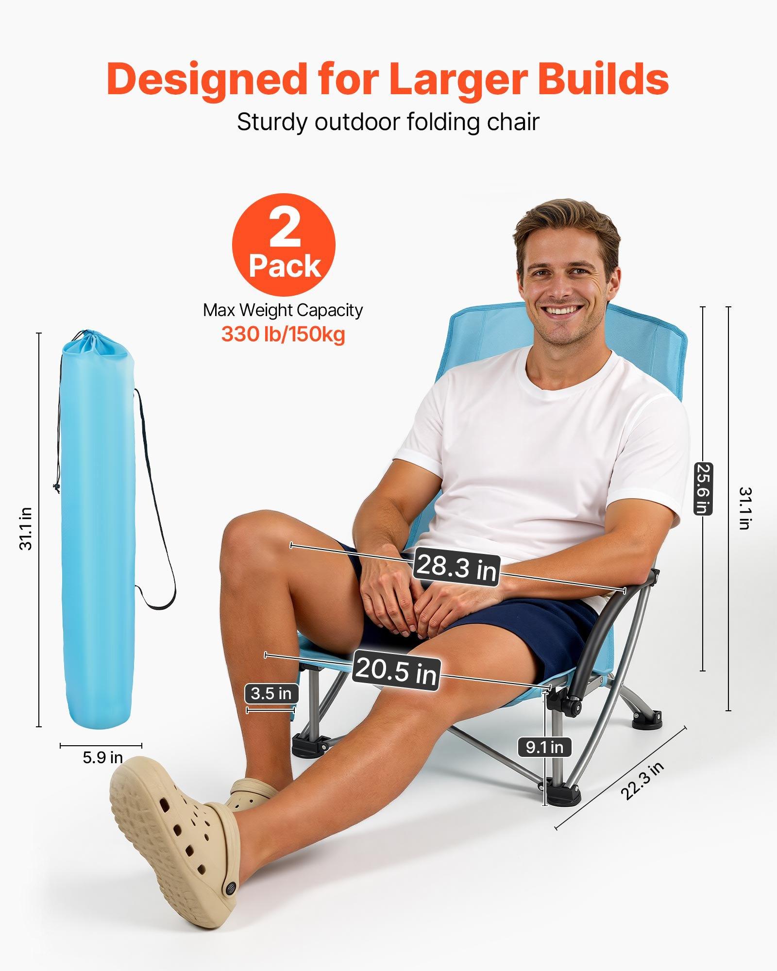 VEVOR Folding Beach Chair, High Back Camping Chairs for Adults, with Cup Pocket, Mesh Back, Carry Bag, Portable Extra Wide Seat Chair 330 lbs Heavy Duty Support, for Outdoor, Camp, Light Blue, 2 Pack