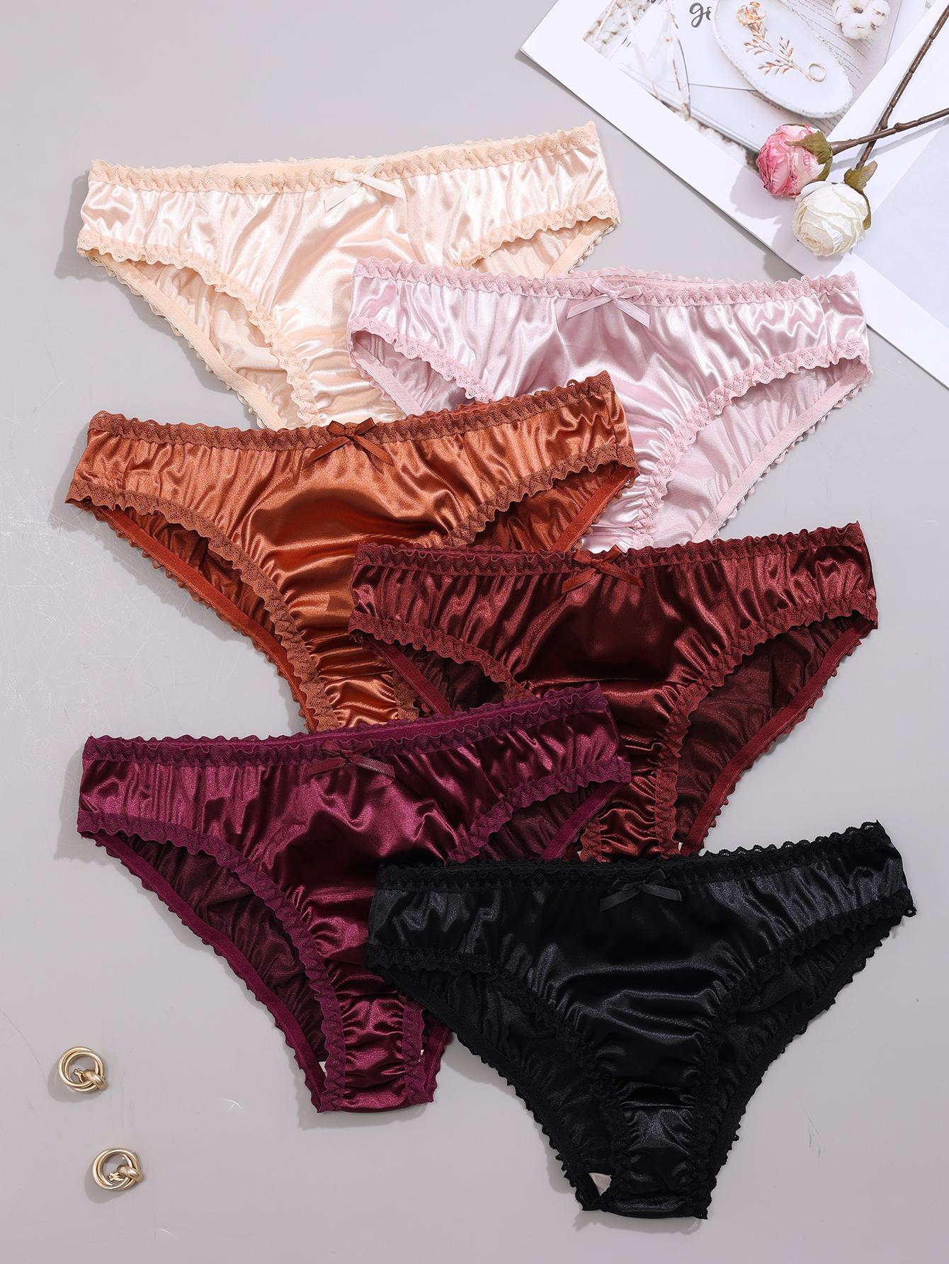 Women's Oil Cloth Bow Lace Trim Comfortable Triangle Panties, Trim Lace Panty, 6 Pack Soft Underwear for Women, Casual Daily Wear