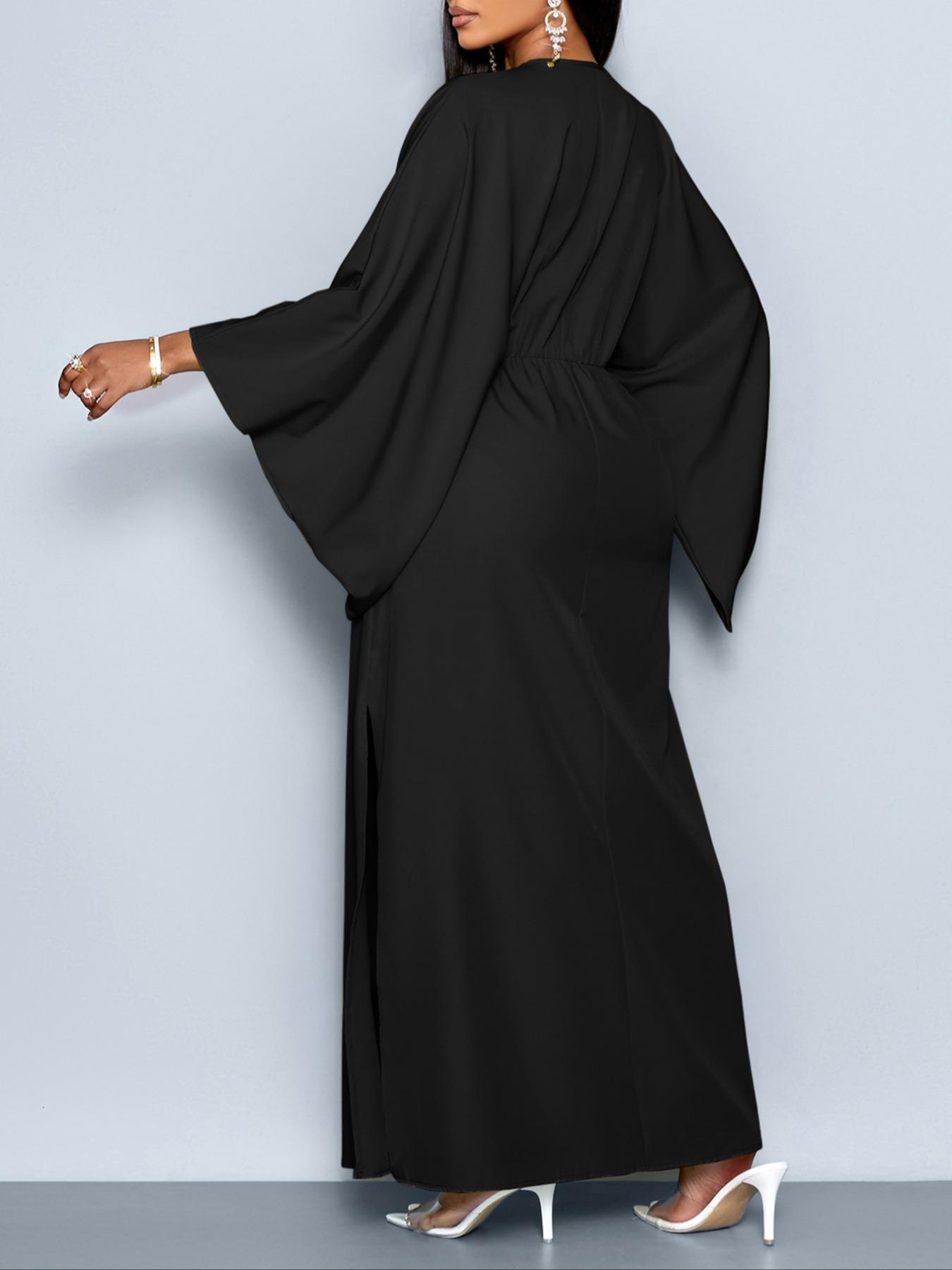 Women's Elegant Fall Casual Loose-Fit Dress, Deep V-Neck Long Sleeve High-Waisted Split Hem, Plus Size Woven Fabric Womenswear