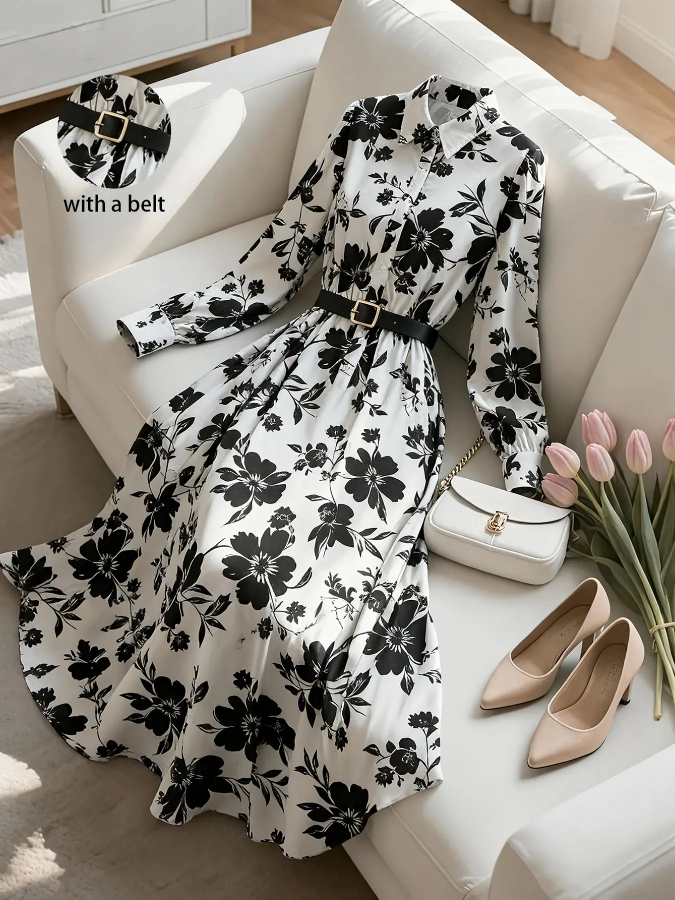 Elegant Base Floral Print Shirt Dress, Long Sleeve Collared Midi Dress, Waist Cinch with Belt, Women's Chic Office Wear, Casual Wear
