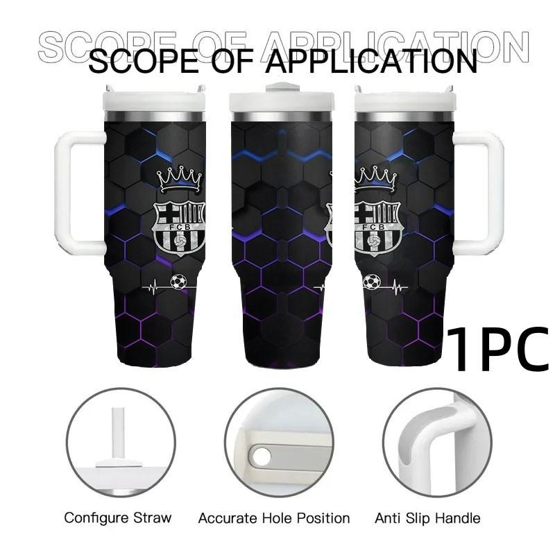 1pc Barcelona Logo Honeycomb Stainless Steel Car Cup, Non-Slip Handle, Large Capacity Water Bottle, Football Theme, 40oz Insulated Cup with Straw