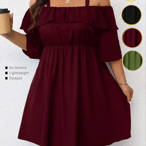 Plus Size Women's Off-Shoulder Dress, Ruffle Mid Sleeve, Elastic Waist, A-Line Hem, Short Dress, Casual Style, Solid Color, Summer Dresses