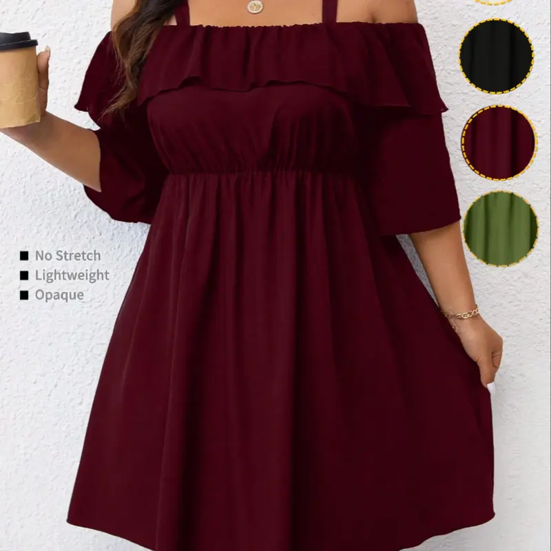 Plus Size Women's Off-Shoulder Dress, Ruffle Mid Sleeve, Elastic Waist, A-Line Hem, Short Dress, Casual Style, Solid Color, Summer Dresses