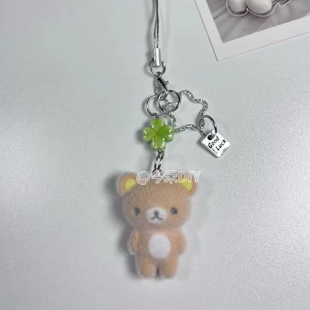 Rilakkuma Ccd Cartoon Flocked Mobile Phone Charm Cute Hanging Rope Keychain Bag Decor Surprise Gift for Girls Toy Figure
