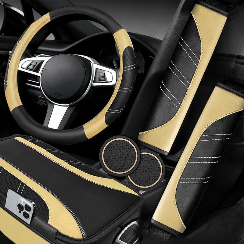 6Counts Car Interior Accessories Set: Sporty PU Leather Steering Wheel Cover (14.5-15 inch Universal), Microfiber PU Leather Car Console Cover, Seatbelt Pads, Cup Holder Pads. Suitable for Men and Women, All Seasons.