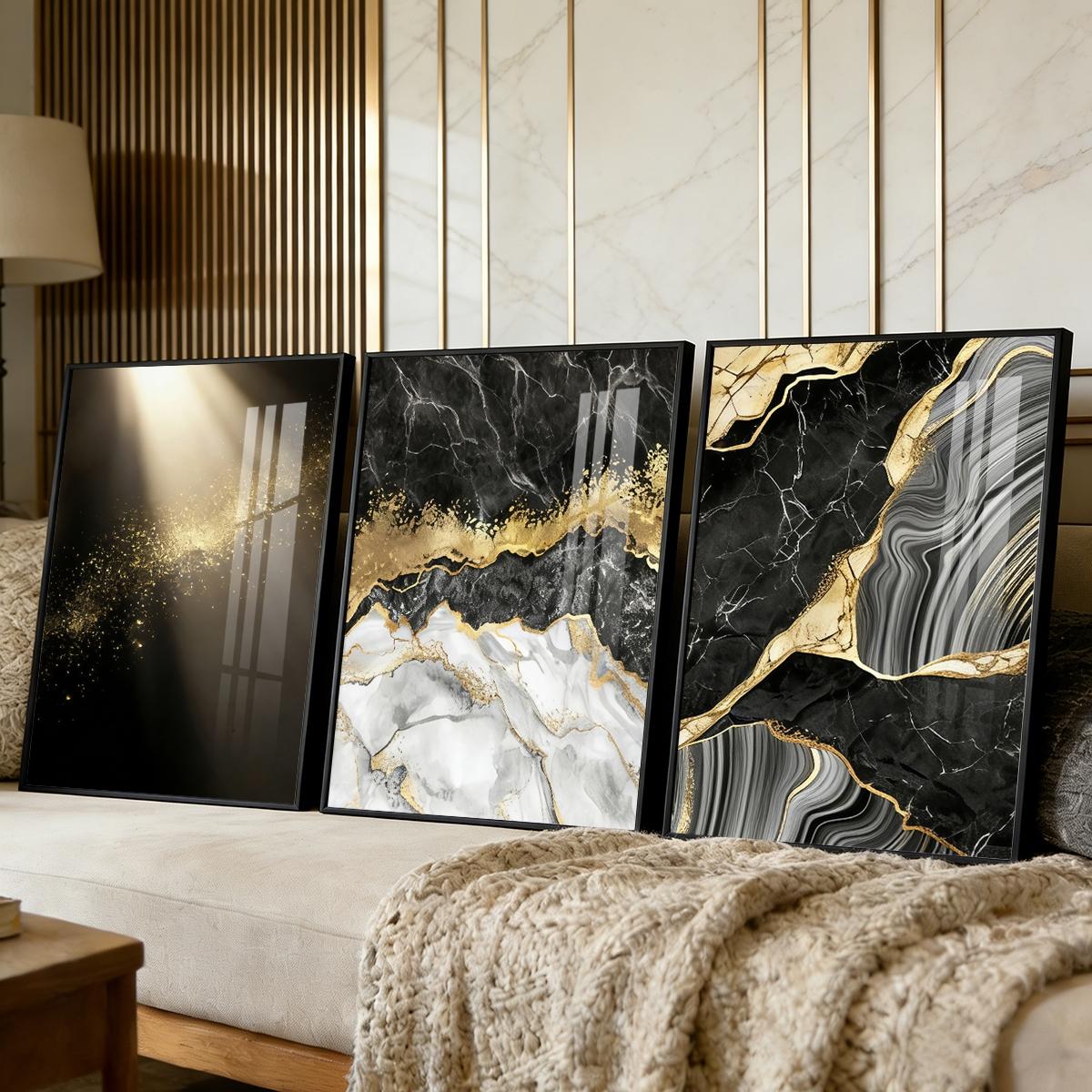 3 Counts Aluminum Alloy Framed Painting, Abstract Black Gold Marble Texture Pictures, Home Decoration For Living Room, Bedroom, Office, Restaurant, Hallway Wall Decor, Odorless Print Artwork, Luxury Perfect Gift For Friends And Family