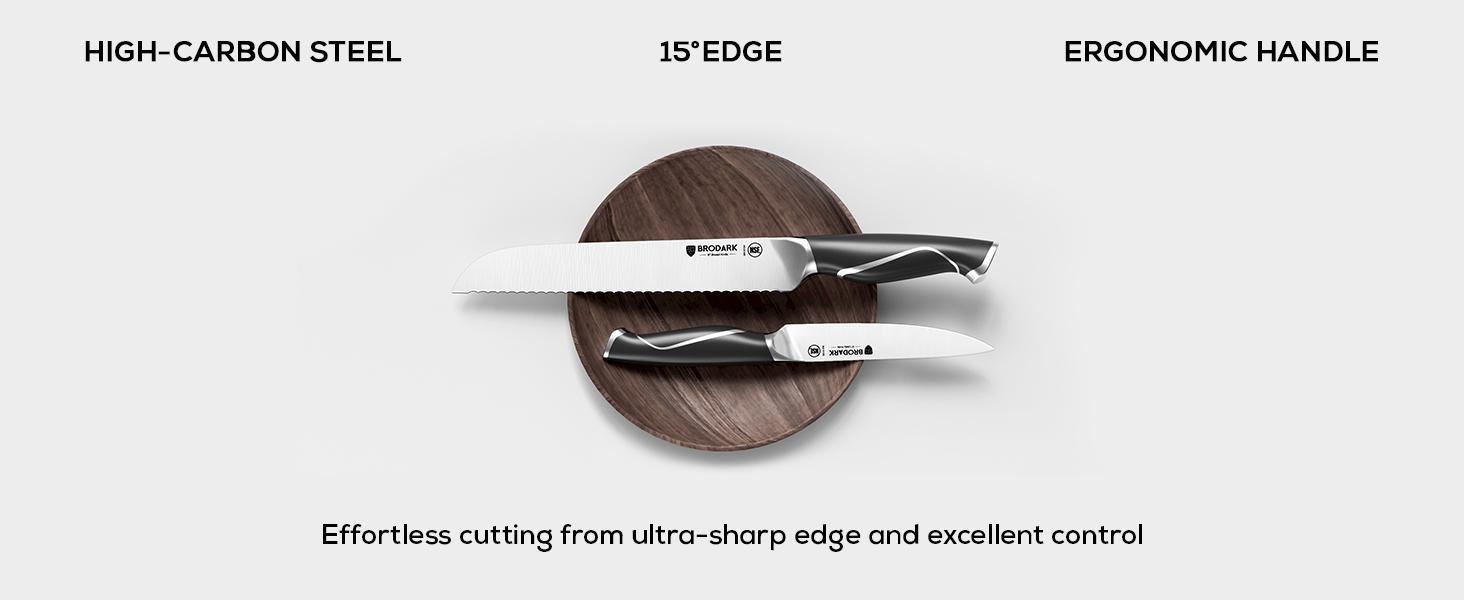 BRODARK Eclipse Series Kitchen Knife Sets with Block and Built-in Sharpener, 15 Pcs Full Tang Professional Chef Knife Set, NSF Certified Food Grade Stainless Steel Cutlery Set, Outdoorfun