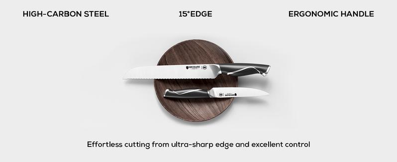 BRODARK Eclipse Series Kitchen Knife Sets with Block and Built-in Sharpener, 15 Pcs Full Tang Professional Chef Knife Set, NSF Certified Food Grade Stainless Steel Cutlery Set, Outdoorfun