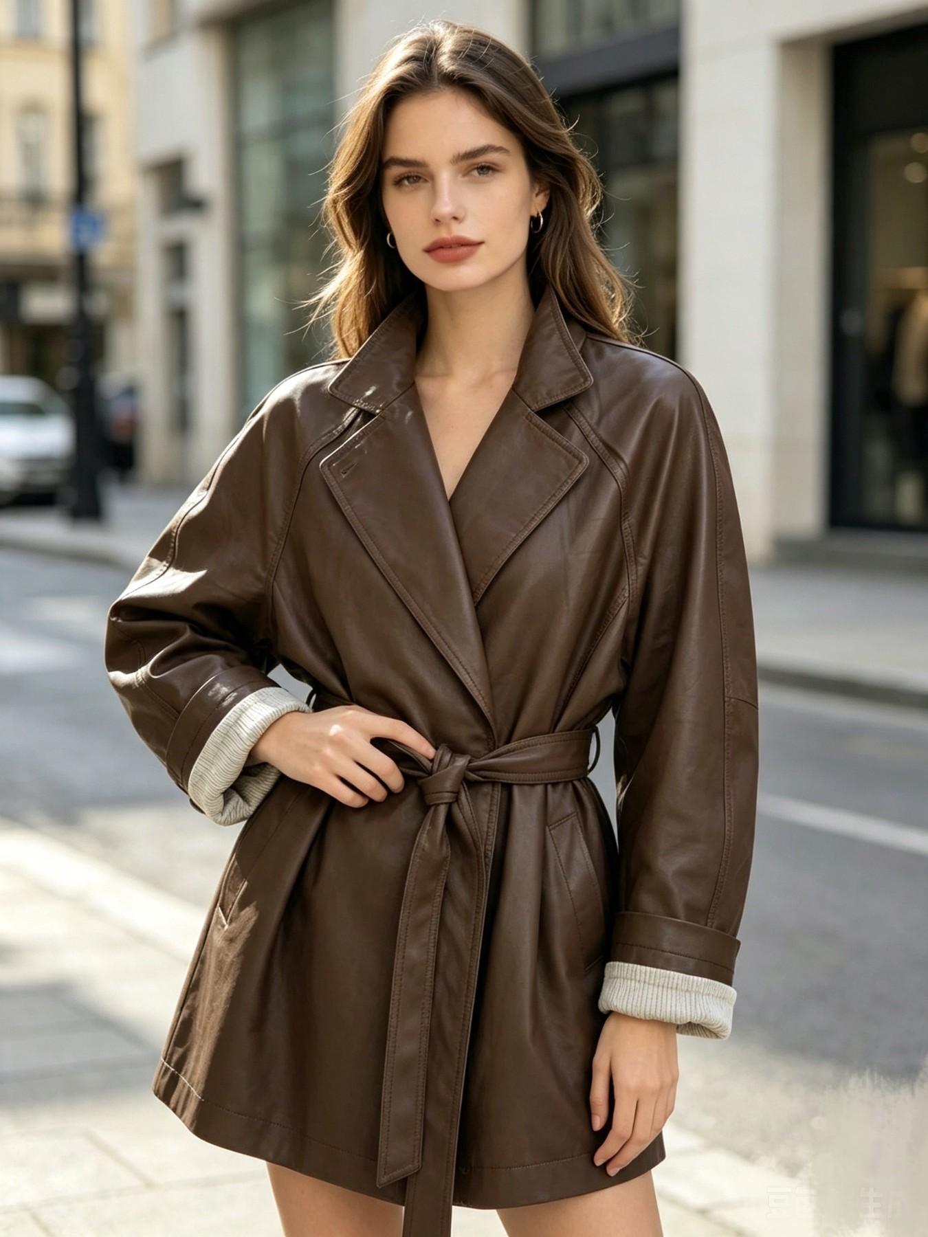 Mead Vintage Windbreaker Women's Autumn New Stand Collar Wrap Tie Waist Mid-Length Coat Loose Fit Foldable Sleeve Small Size Chic Motorcycle Leather Jacket